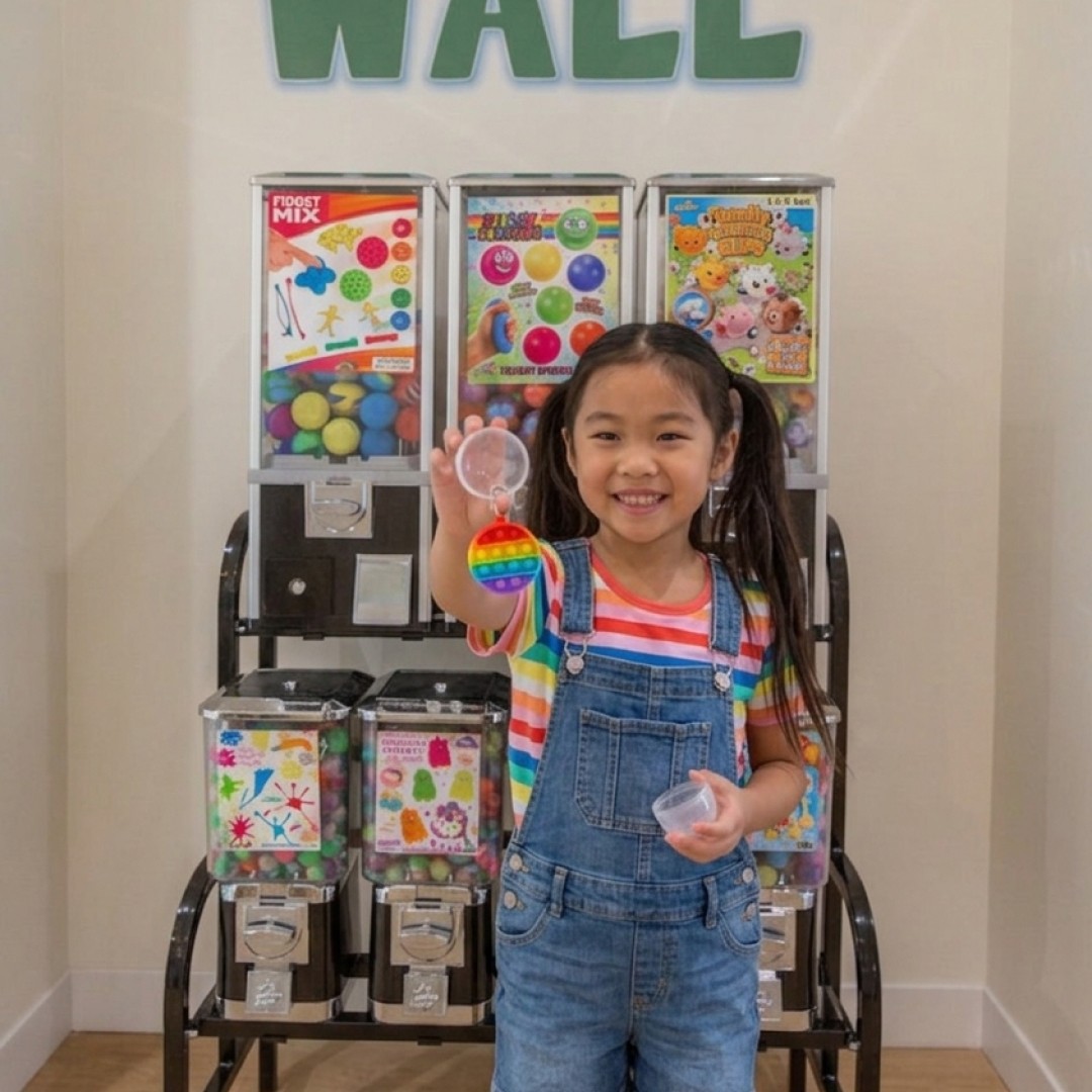 A happy young girl in denim overalls holding a colorful pop-it toy prize in front of six toy capsule vending machines.
