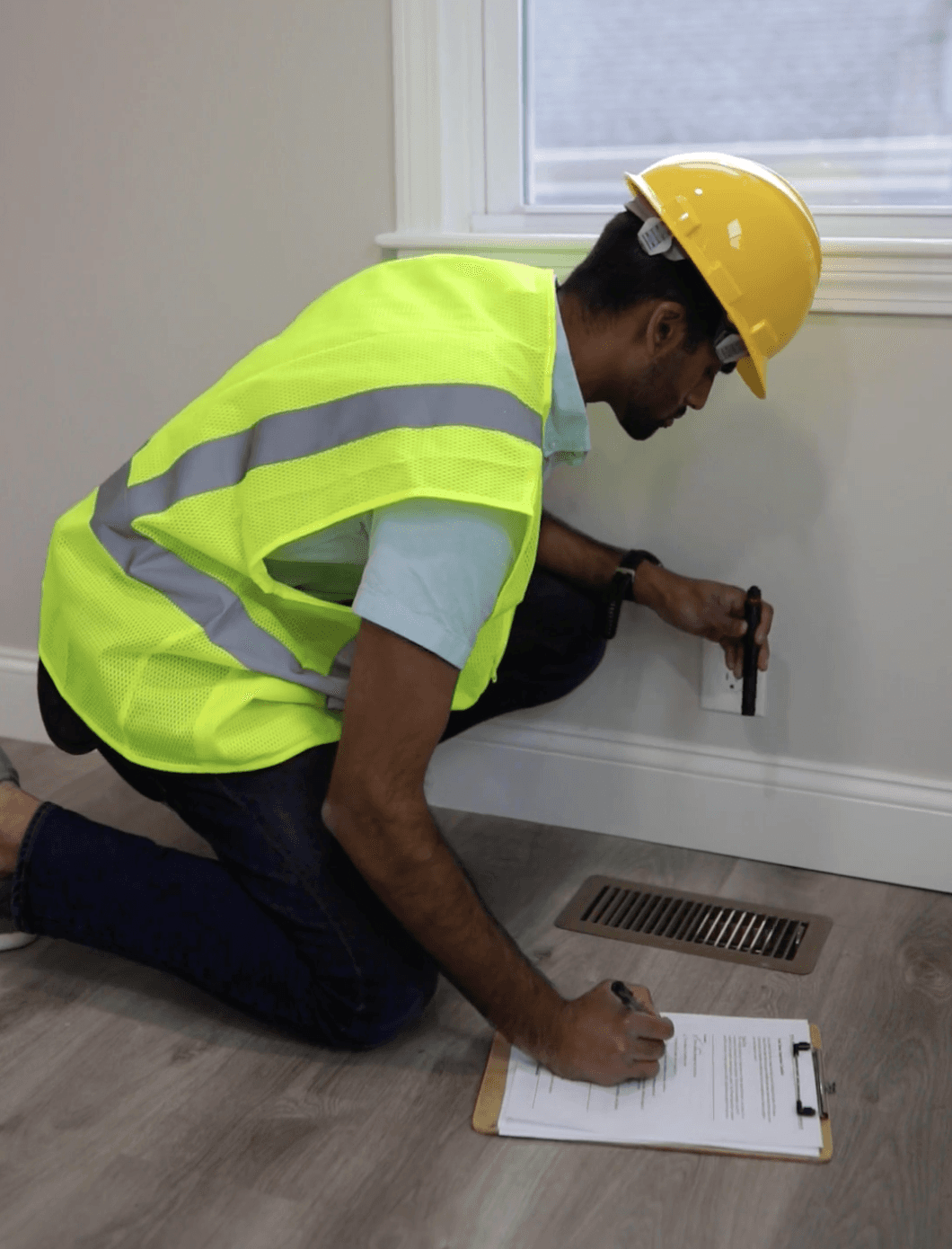 Electrician inspecting a floor vent