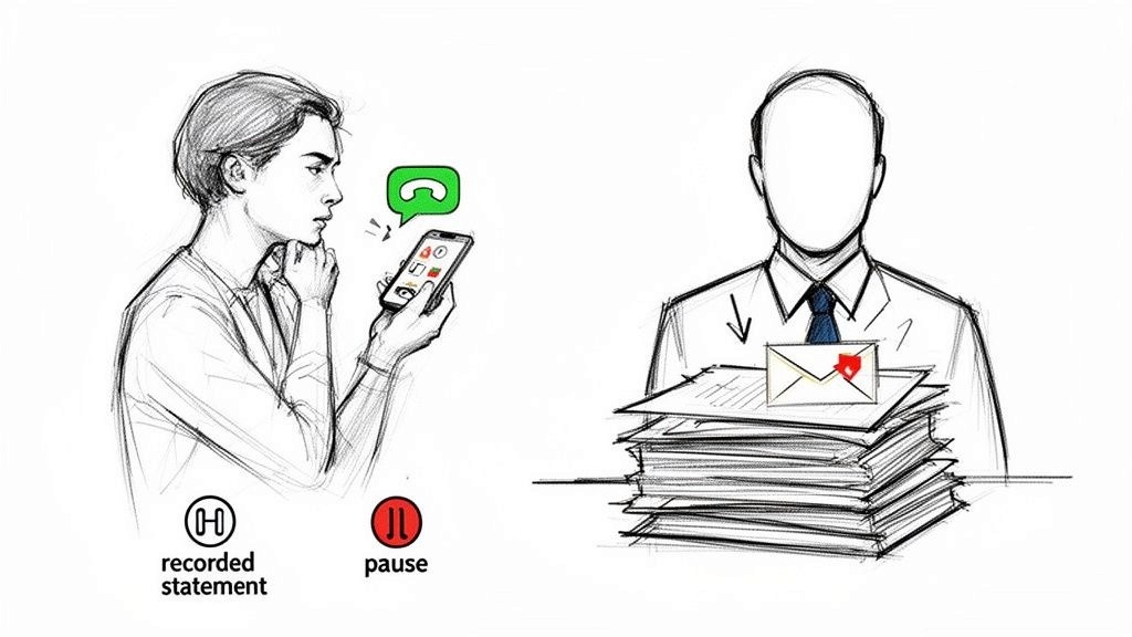 A man contemplates a phone call with options for recorded statement or pause, while another holds legal documents.