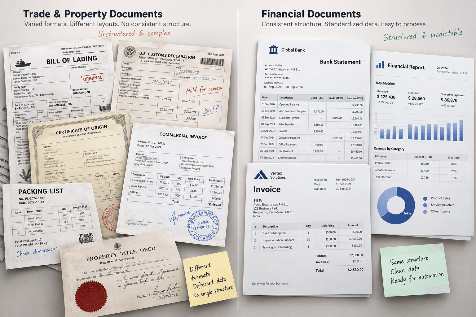 Varied, non-standard documents beside standardized financial documents.