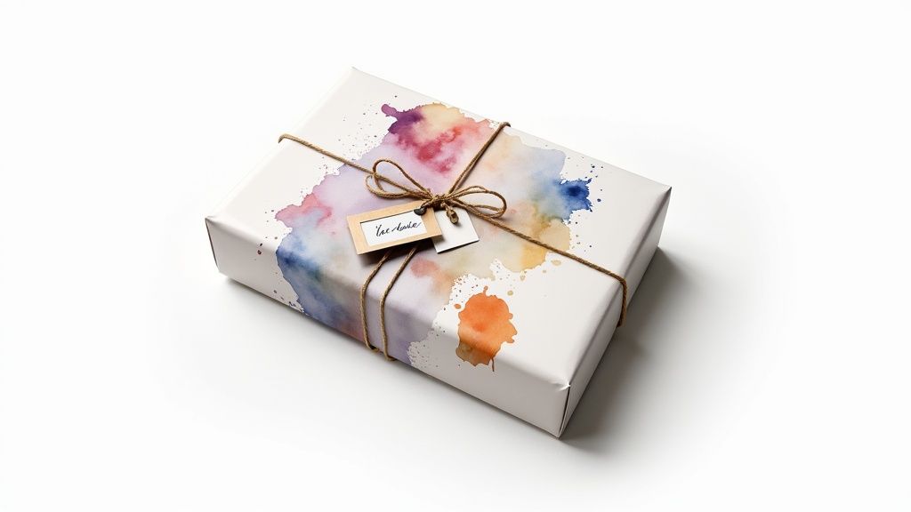 A beautifully wrapped gift box with colorful watercolor design, rustic twine, and a wooden tag.