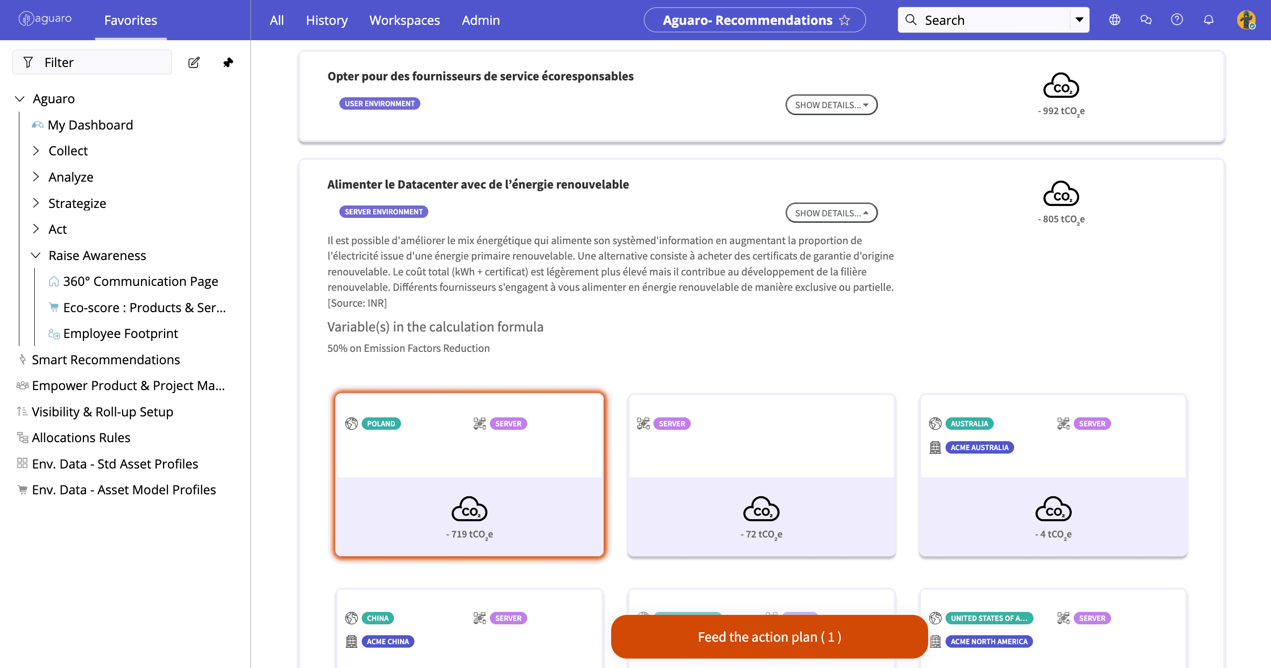 Screenshot of the Smart Recommendations interface in the Aguaro platform. It displays suggested carbon reduction actions, including switching datacenter electricity to renewable sources, with estimated savings per country or region. Action cards show location, category, and associated CO₂ savings. A button at the bottom allows users to feed selected actions into the action plan.