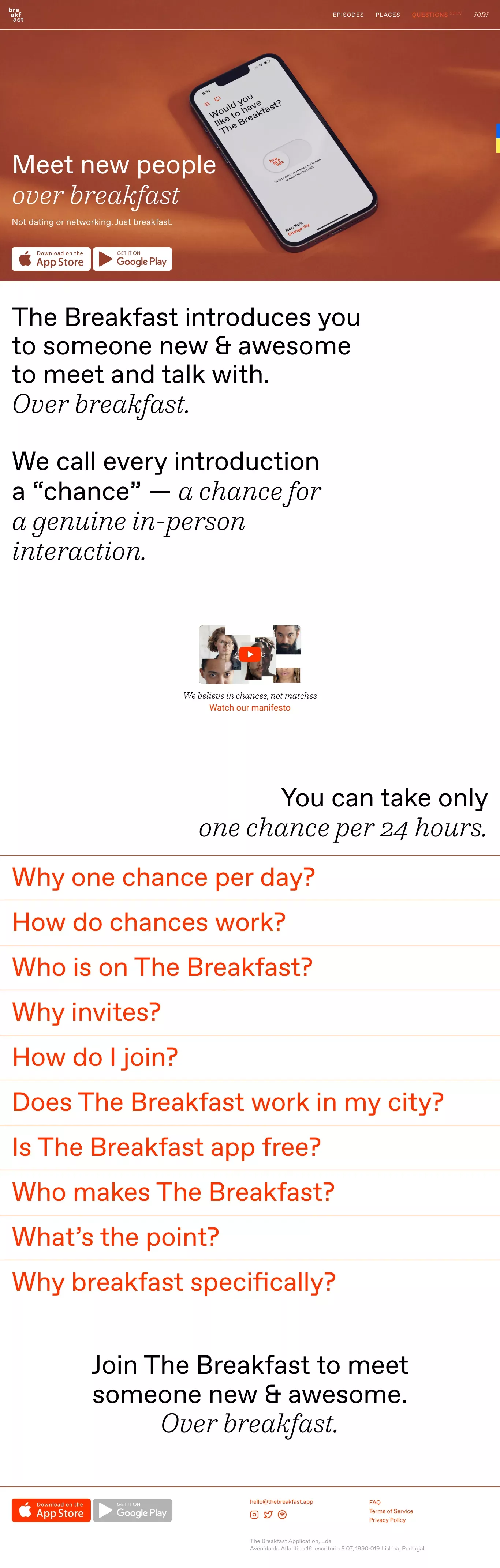 The Breakfast landing page screenshot showcasing Event and Tech design