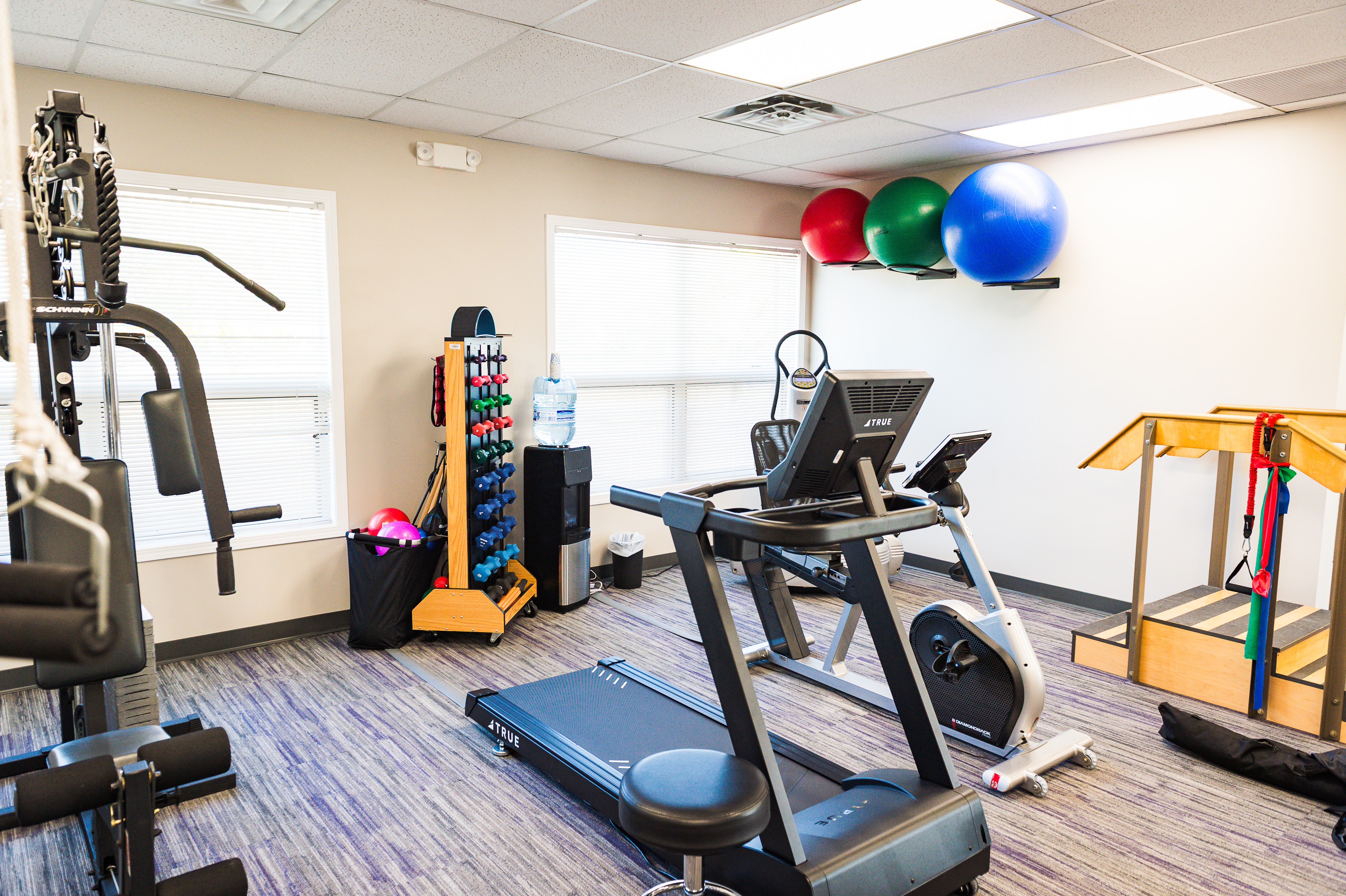 A comprehensive sports physical therapy gym featuring a treadmill, stationary bike, weight rack, and stability balls for functional athletic recovery.
