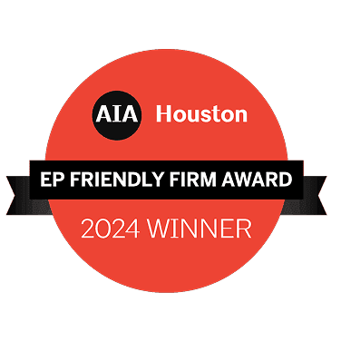 AIA Houston EP Friendly Firm Award 2024 Winner badge with red circle and black ribbon.