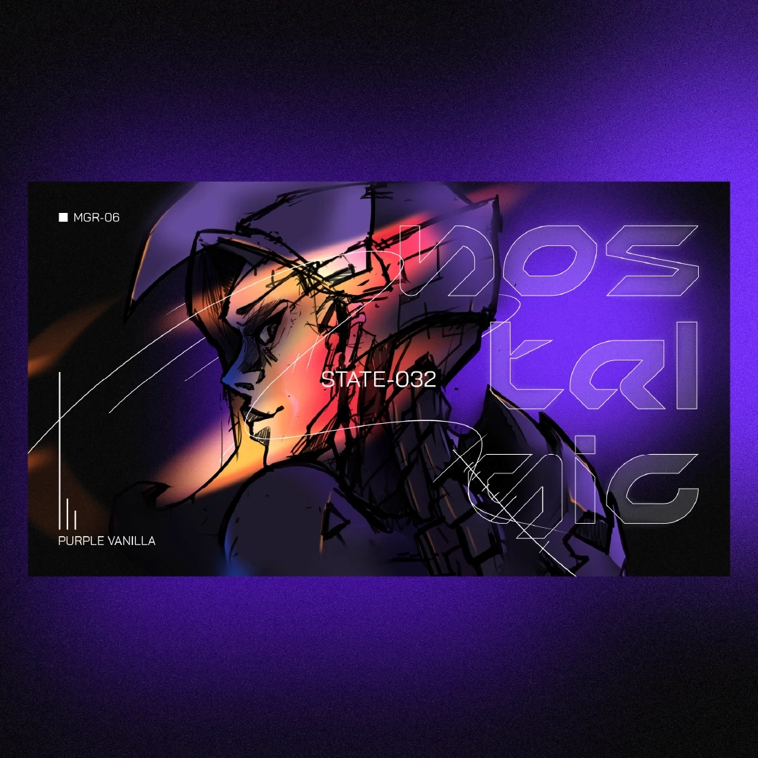 Digital portrait in a comic style of a character wearing a futuristic helmet. The image has a dark, purple color scheme and includes text such as "STATE-032", "PURPLE VANILLA", and the word "nostalgic" in a stylized font.