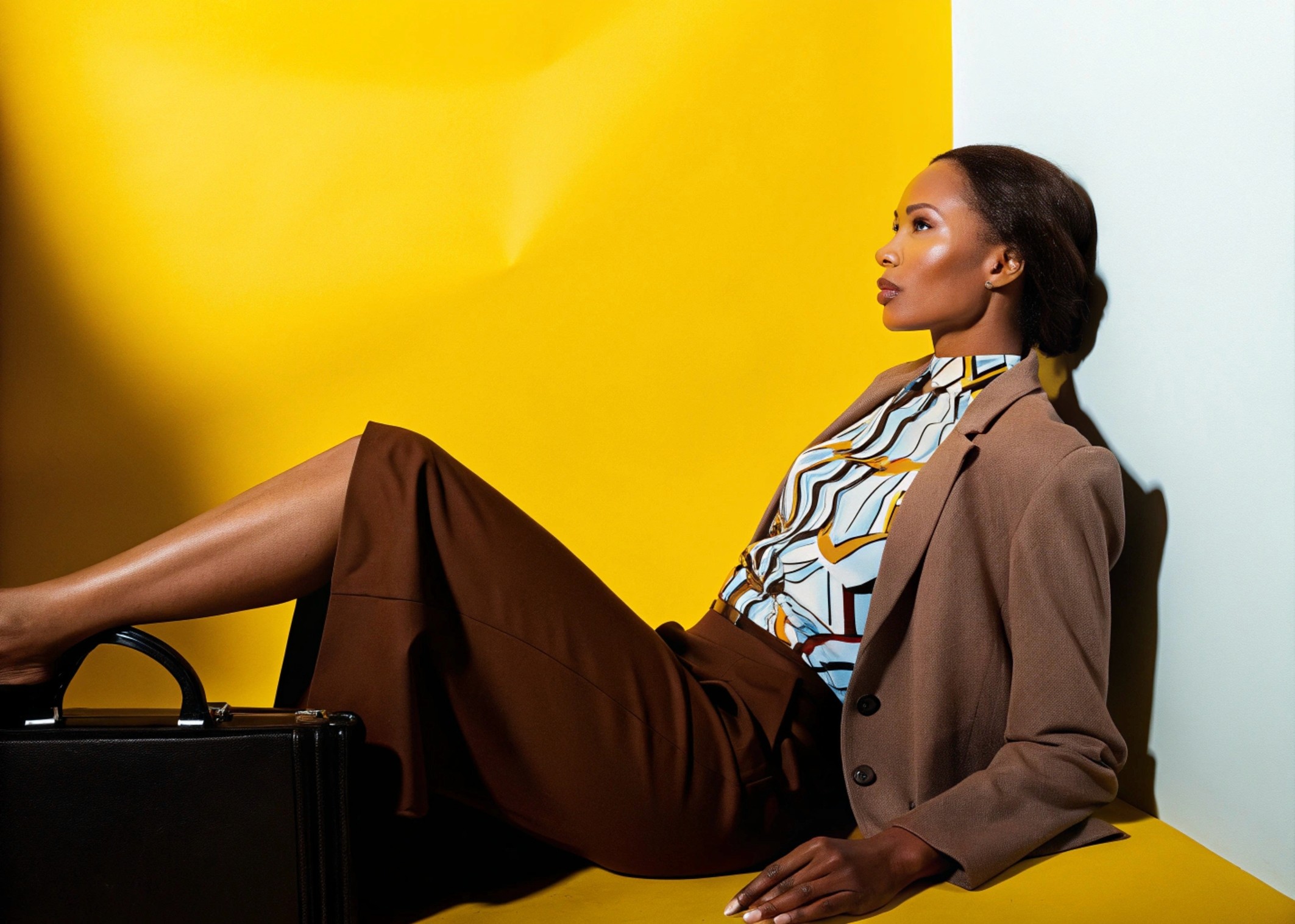 A dark-skinned model wearing a brown blazer and a geometric-patterned blouse, leaning back against a yellow and white background, exuding bold and sophisticated business style.