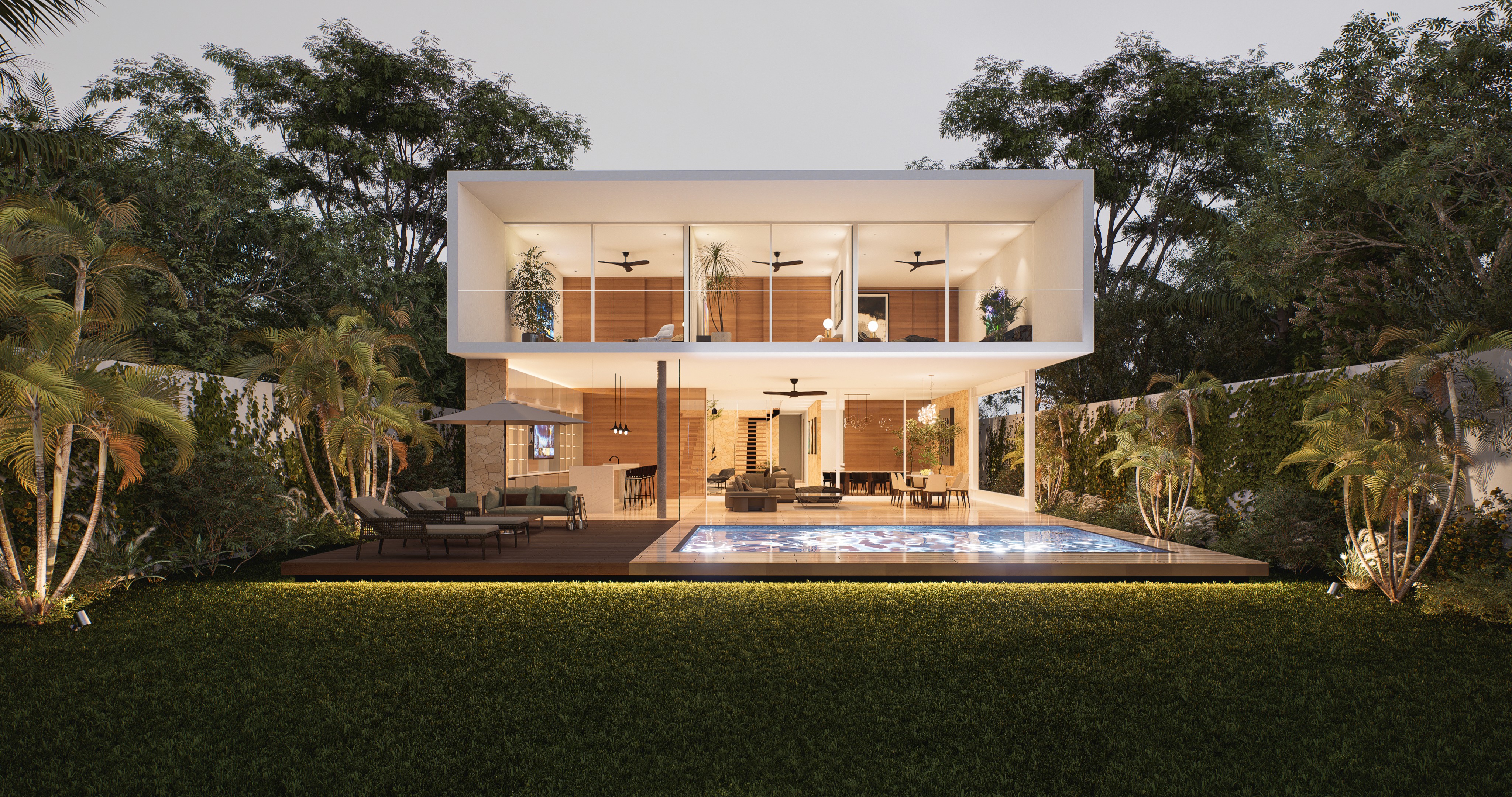 Back facade of glass house in la ceiba, merdia yucatan.