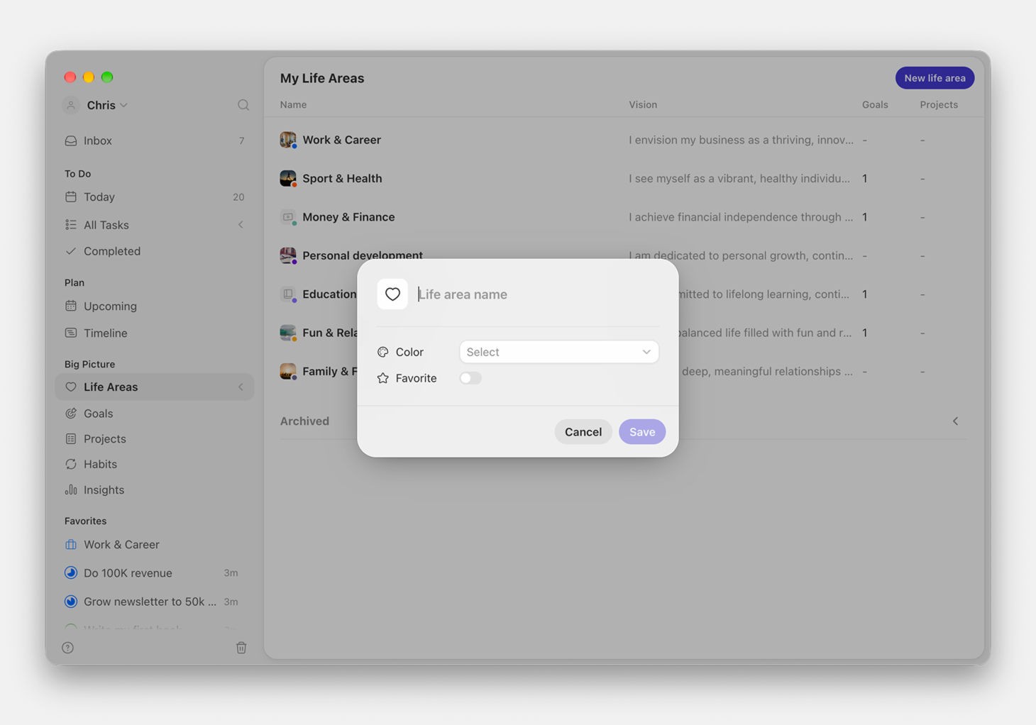 Creating a life area in Griply