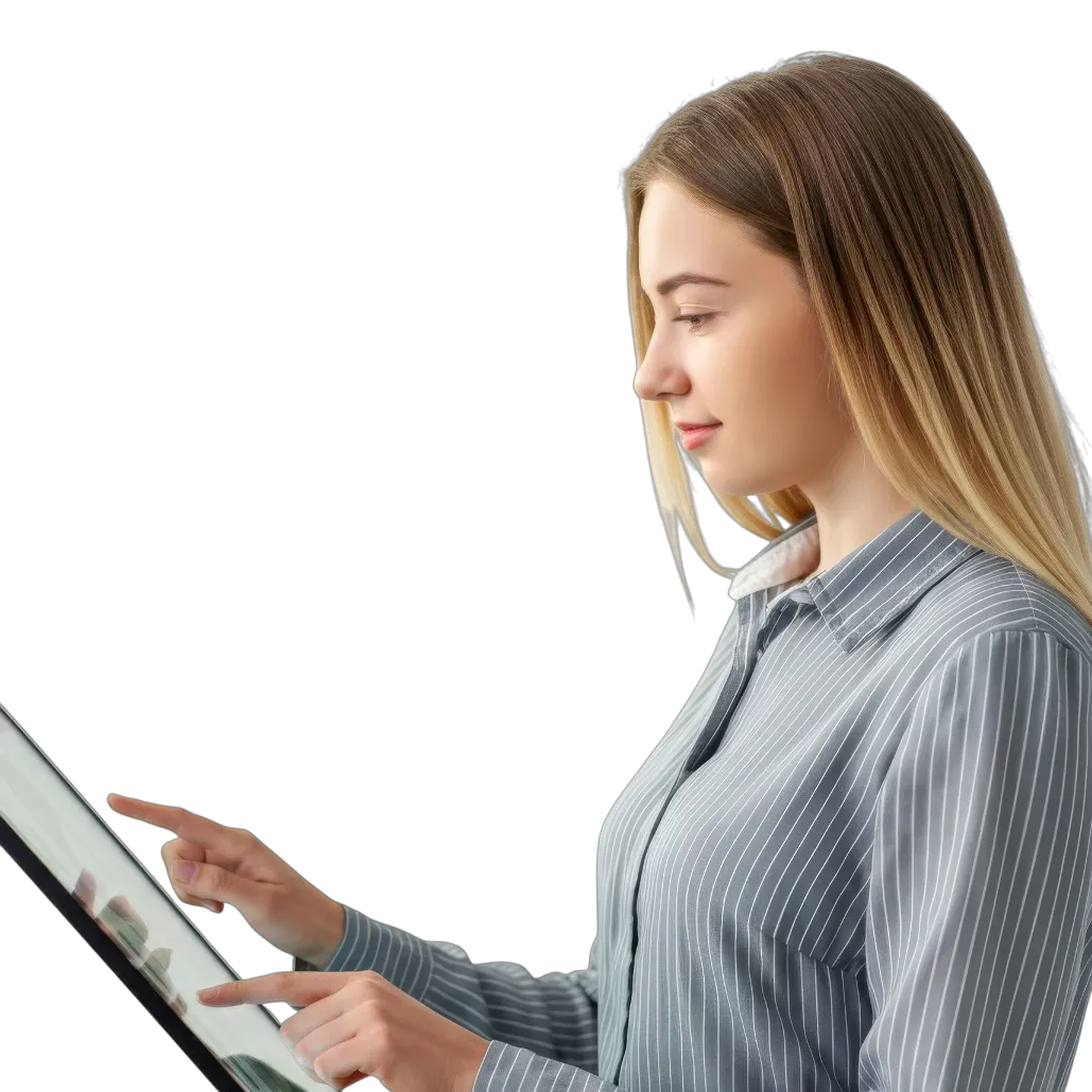 A woman interacting with a touch screen