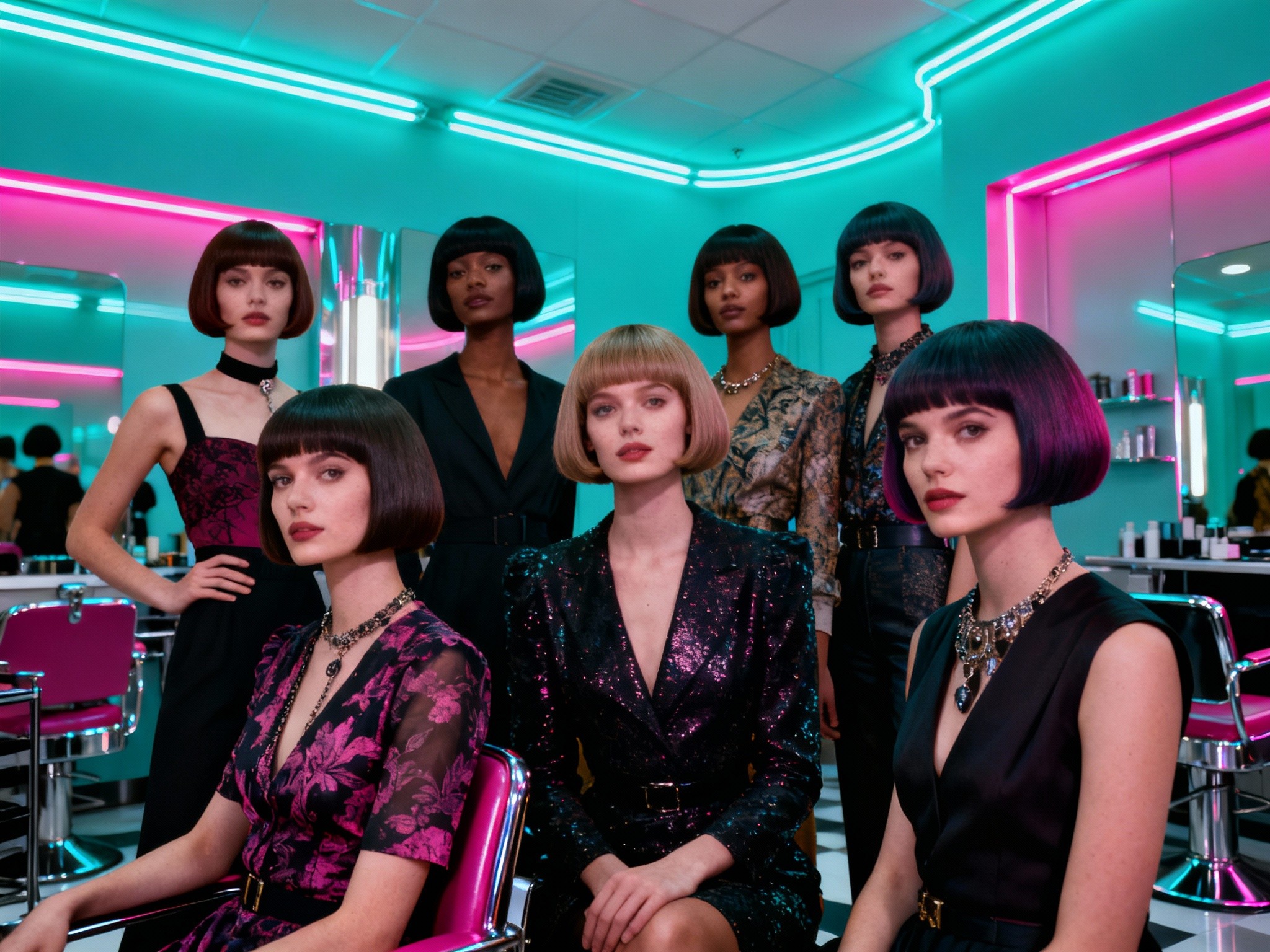 A wide cinematic frame capturing a retro 1960s-inspired hair salon interior with a diverse group of