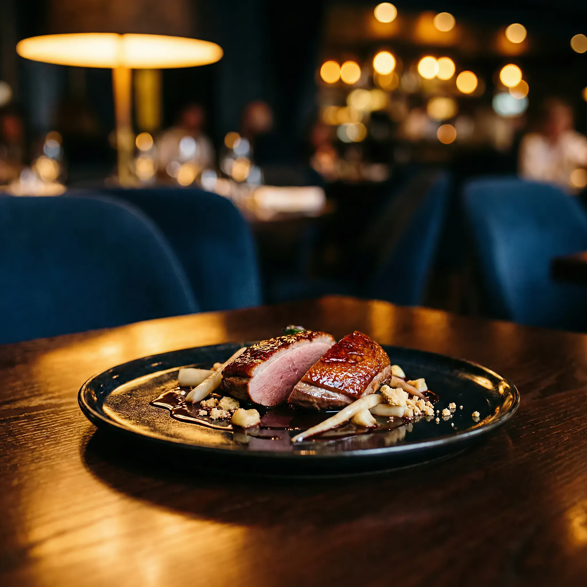 Seared duck breast with pear slices and sauce on a black plate, set on a wooden table in an elegant, softly lit restaurant with a warm ambiance.