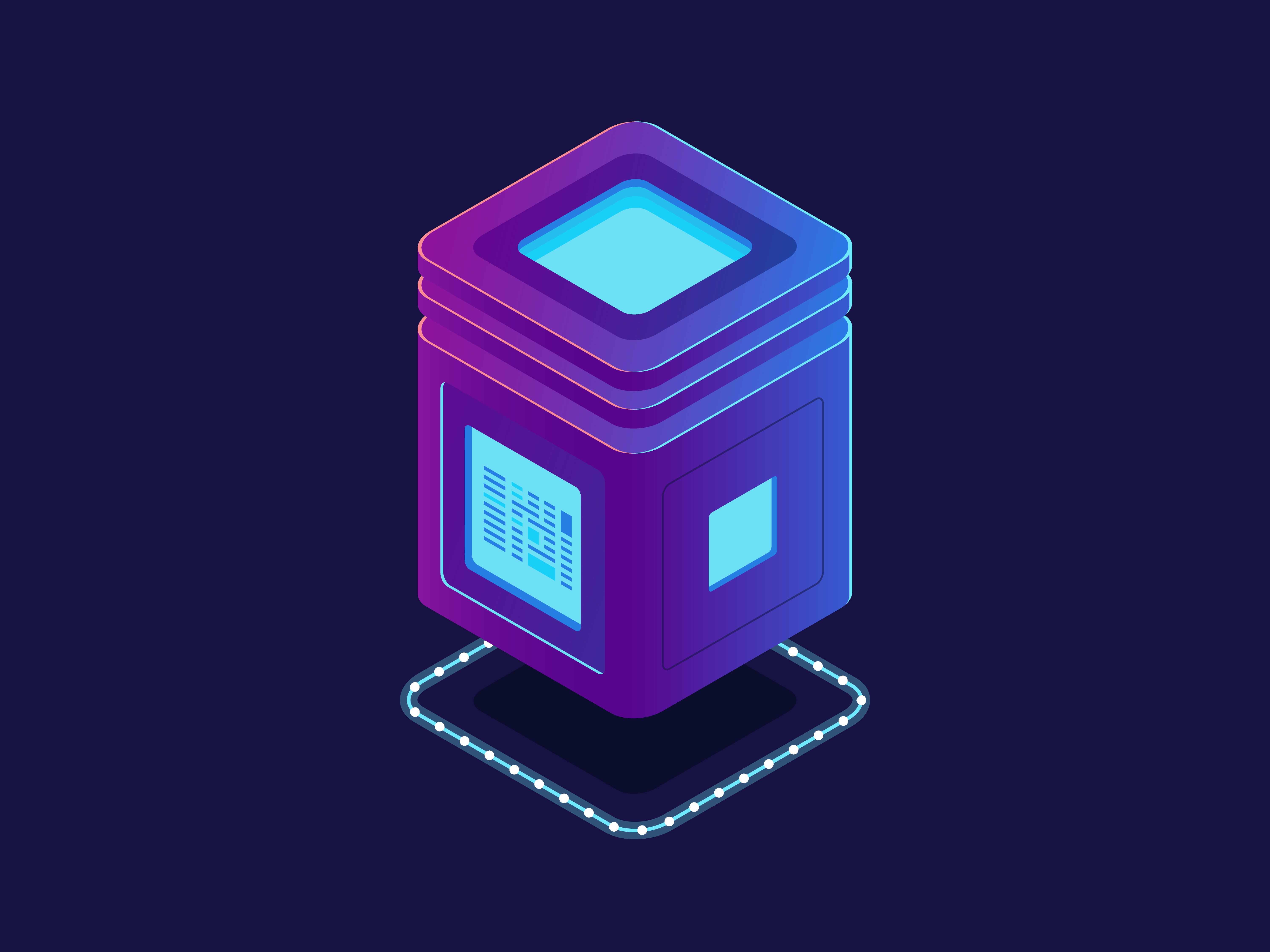 Isometric illustration of stacked, glowing cubes representing virtualized computing environments and the concept of AWS Docker containerization.