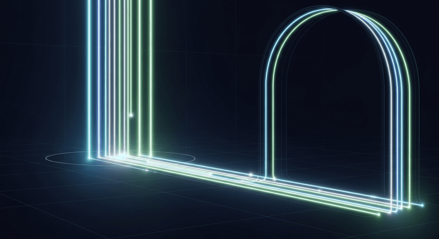 Abstract visualization of tokens flowing between interconnected blockchain networks through a central routing hub