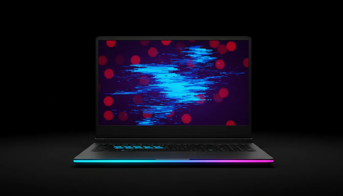 Studio product shot of a high-performance gaming laptop, front view, centered against a pure black background. Cinematic contrast with soft studio lighting. The dark grey matte laptop has a prominent RGB LED light bar along the front base, glowing with a vibrant cyan, blue, and magenta gradient. The screen displays an abstract, dynamic wallpaper with bright blue pixelated glitch-art streaks over a dark purple background with red bokeh. DSLR photography, extremely sharp focus, hyper-realistic textures.