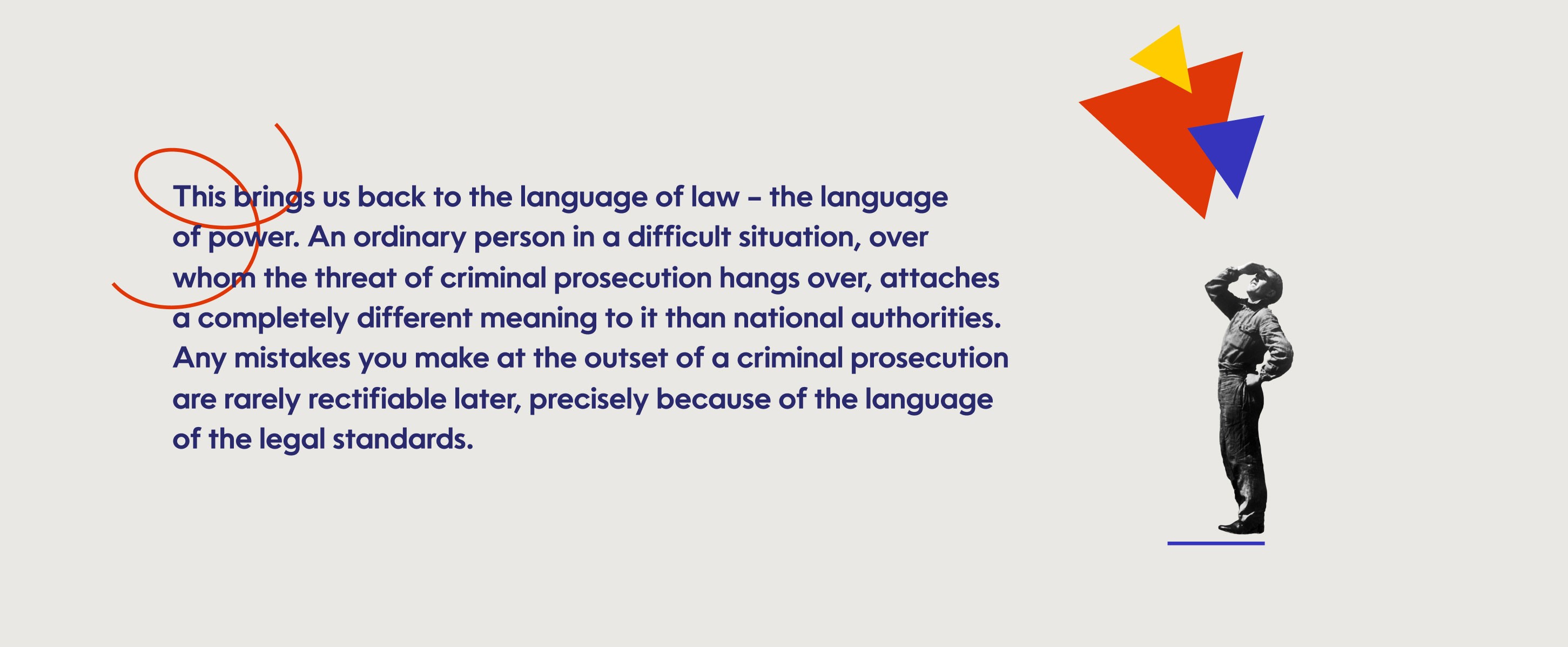 Screenshot from the Ettor & Niess website showing an essay paragraph about the language of law, with a vintage portrait and falling geometric shapes