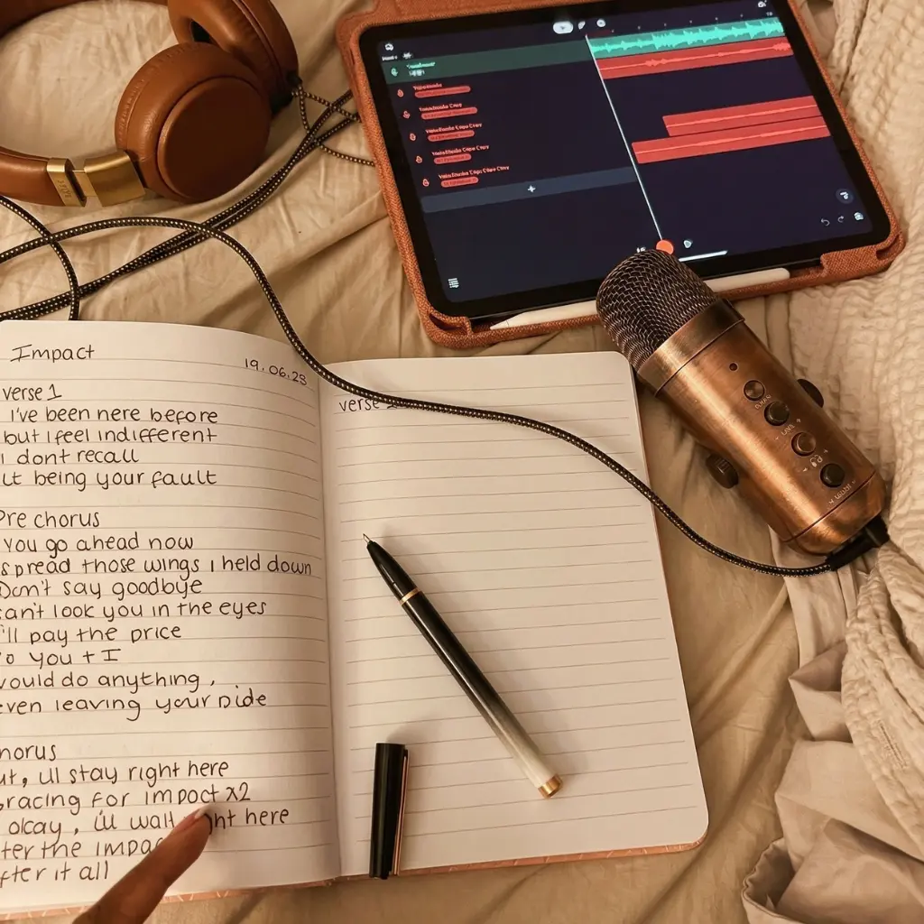 App para escribir letras de canciones junto a libreta tablet y micro