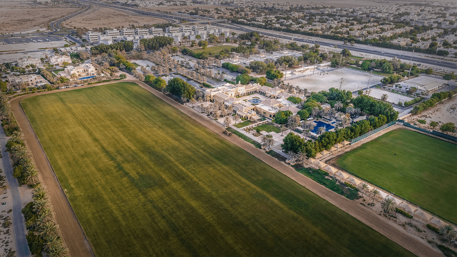 Aerial render of a polo club, large grassed areas and sports field