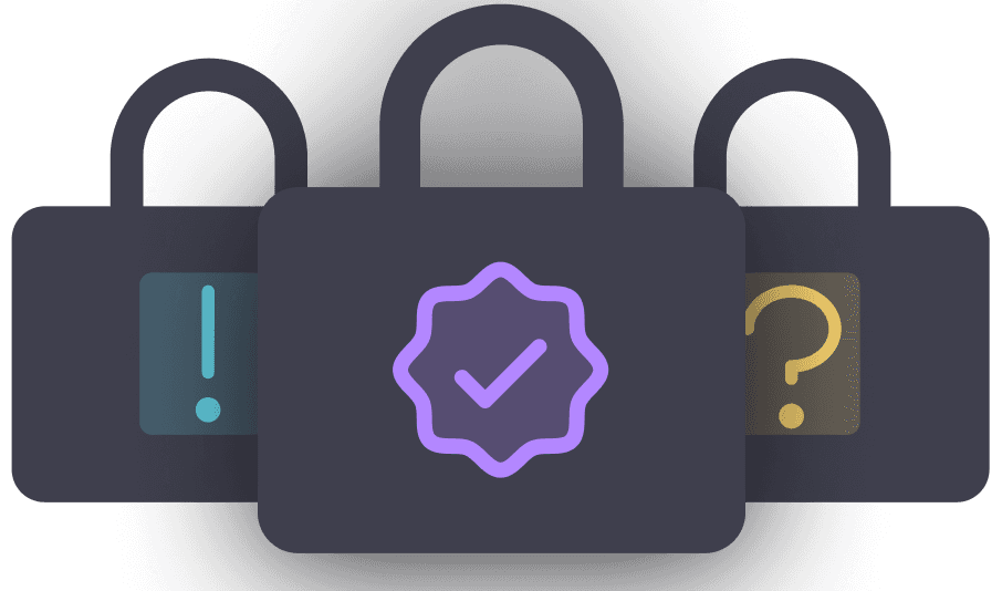 Dark-themed illustration with three overlapping cards, each featuring icons: arrows, a signature, and a "T". Symbols like hashtag and text surround them.