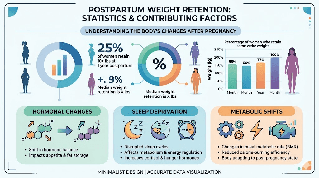 Postpartum weight retention statistics showing hormonal and metabolic factors that prevent weight loss after pregnancy