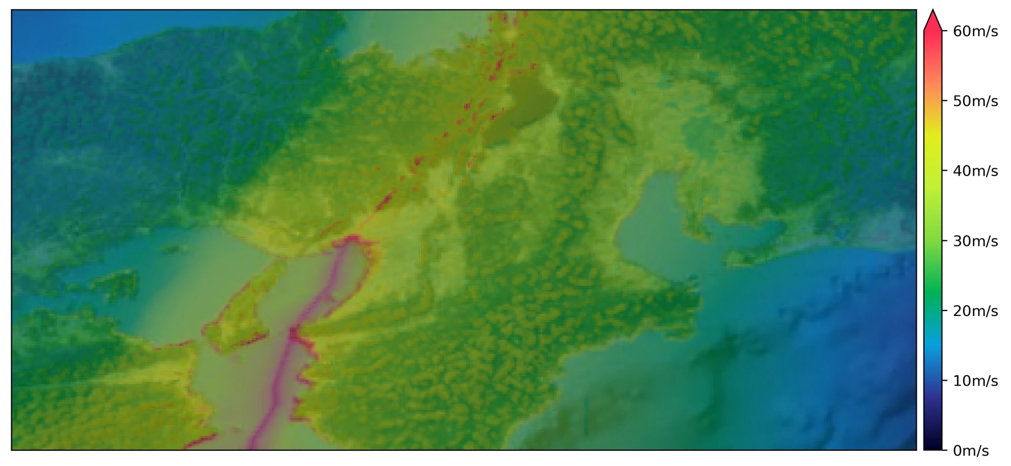 Wind speed heatmap visualization of Typhoon Jebi with color gradient scale.