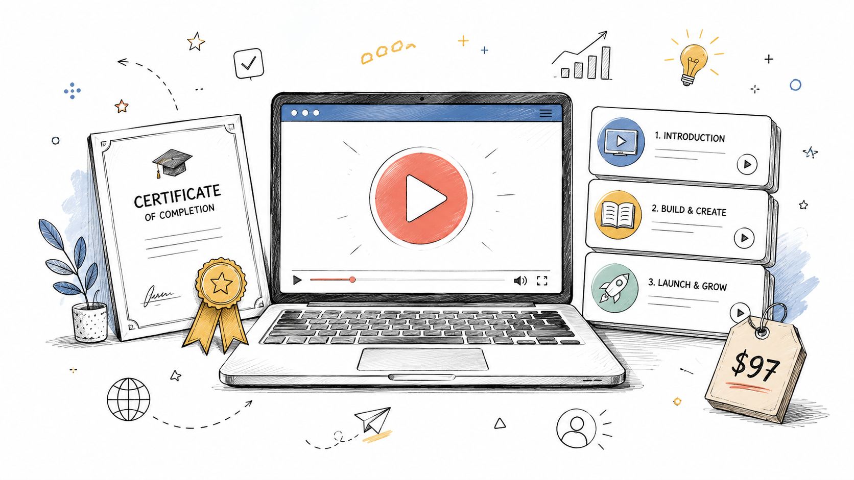 A hand-drawn illustration of an online course platform featuring a laptop, educational modules, and a completion certificate.