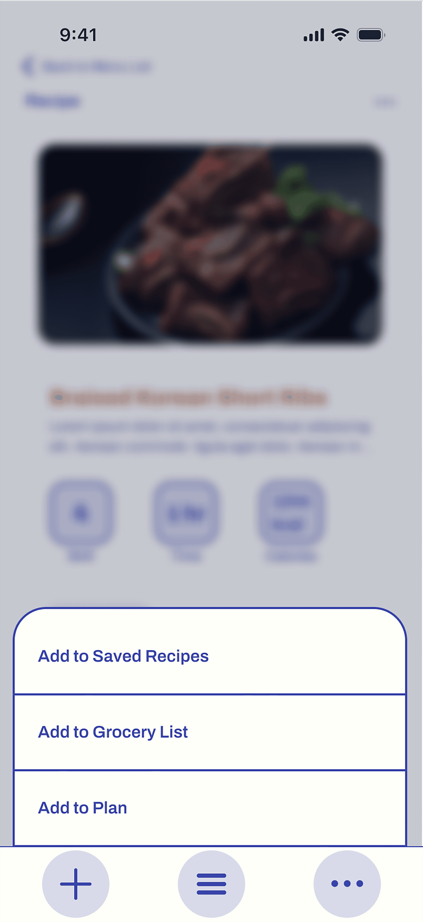 Early version Add menu on Recipe screen.