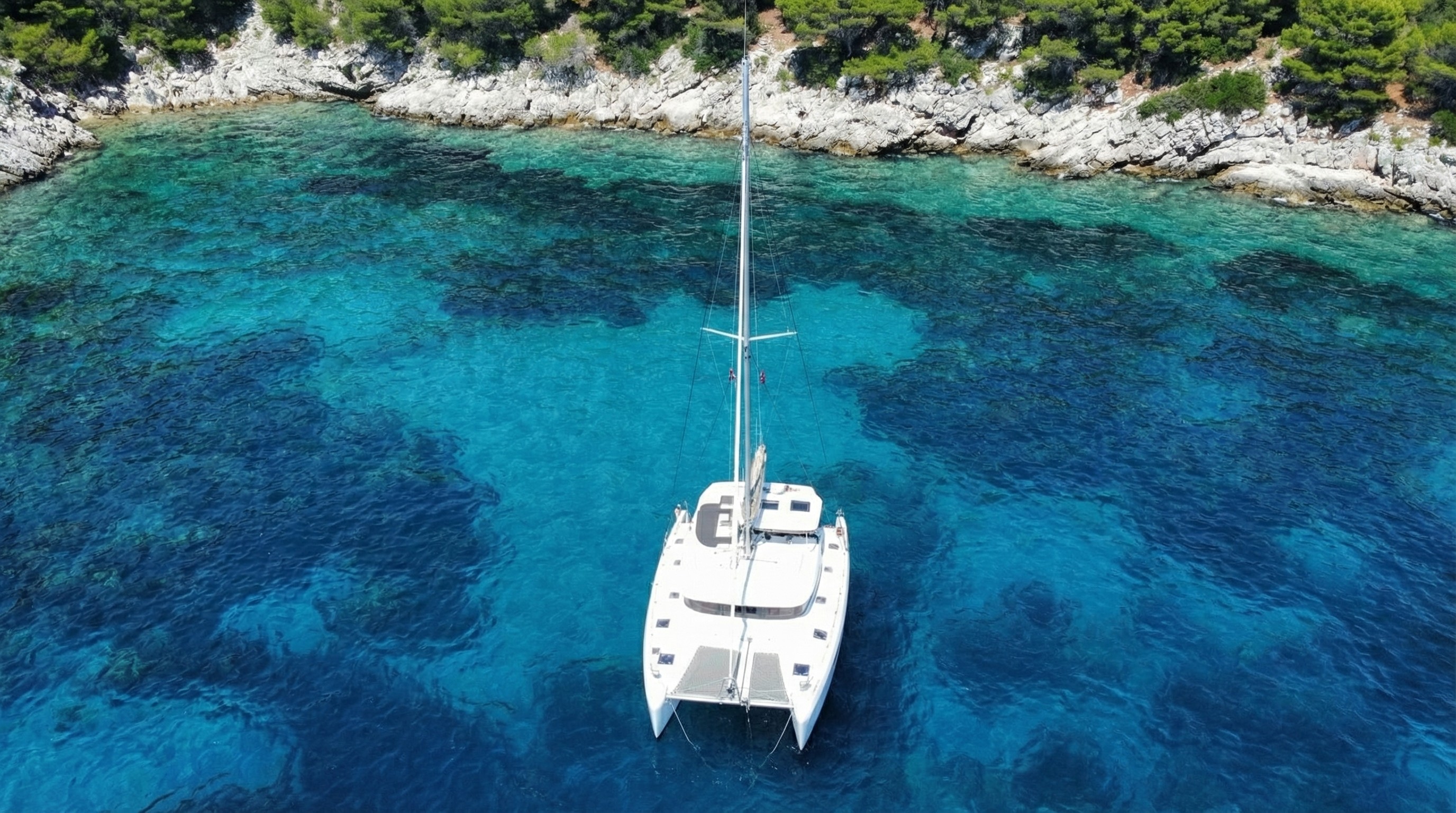 White catamaran anchored in clear blue water near a rocky, tree-lined shore