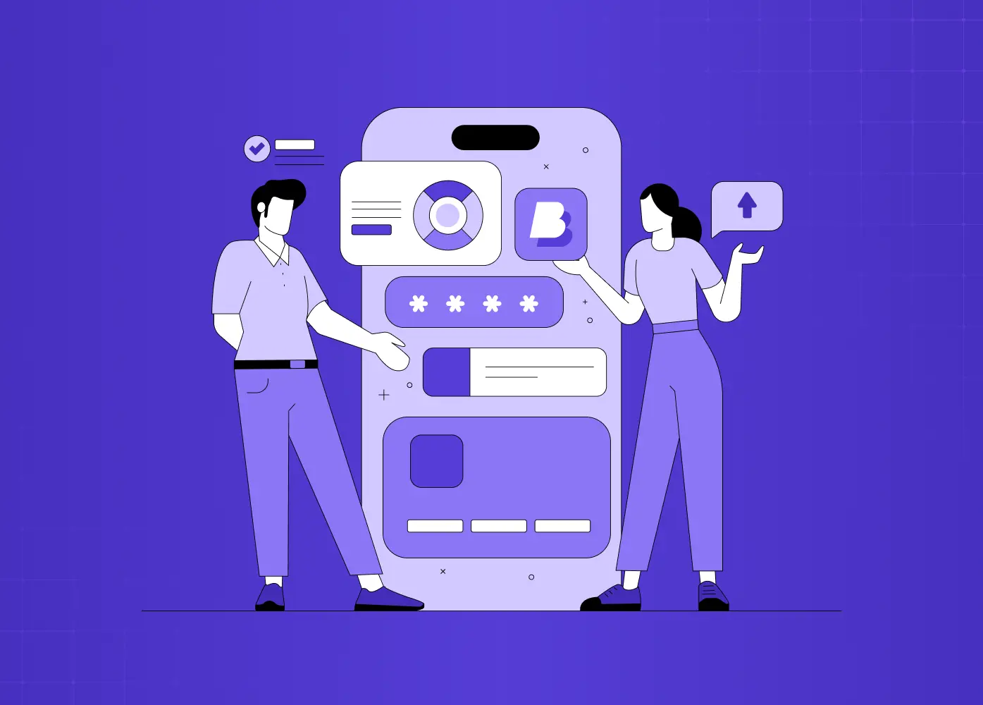 Illustration of people interacting with a mobile interface, representing collaborative and user-focused product design. 