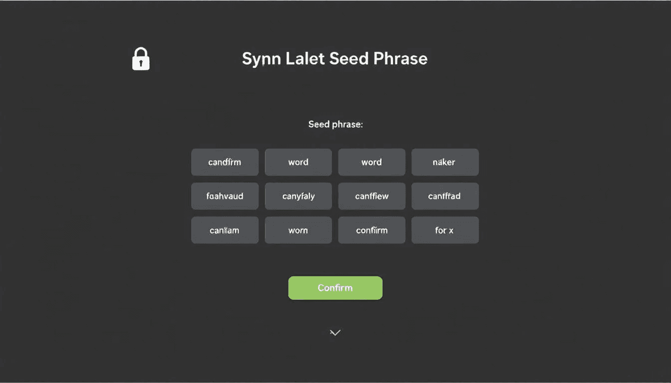 The image displays a screenshot of a seed phrase generation interface in a crypto wallet, showcasing a series of random words that make up the unique seed phrase essential for accessing and securing digital assets. This interface emphasizes the importance of writing down the seed phrase in the correct order to ensure safe recovery of the wallet and protect against losing access.