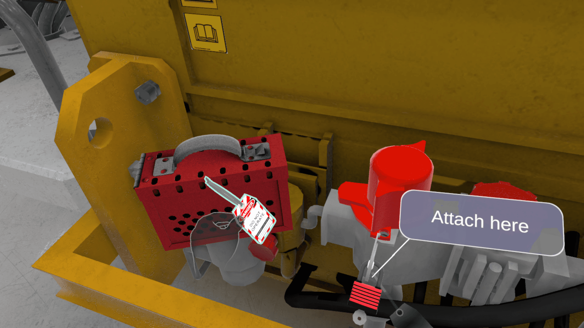 User holding tagout device in virtual reality 3d