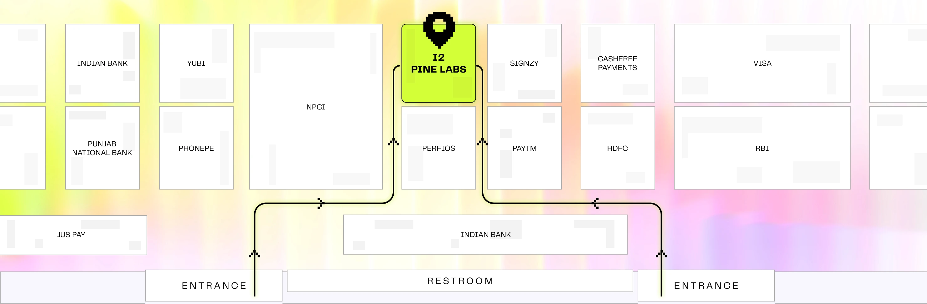 Map showing the Pine Labs booth I2 location