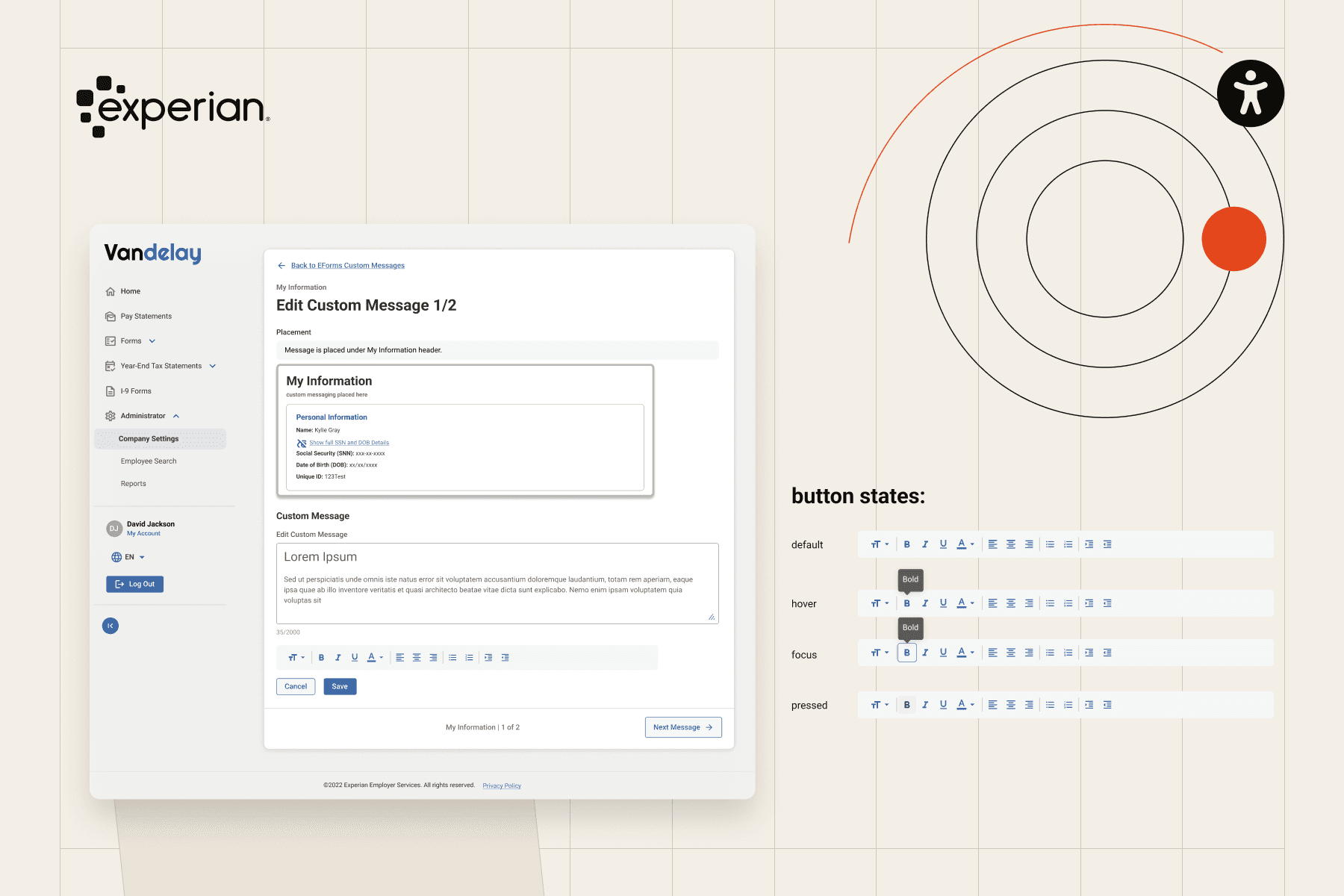 Experian Vandelay portal: Edit Custom Message 1/2 screen with My Information preview and rich-text editor, with button states (default, hover, focus, pressed) in a separate column, on a paper background with ring motif