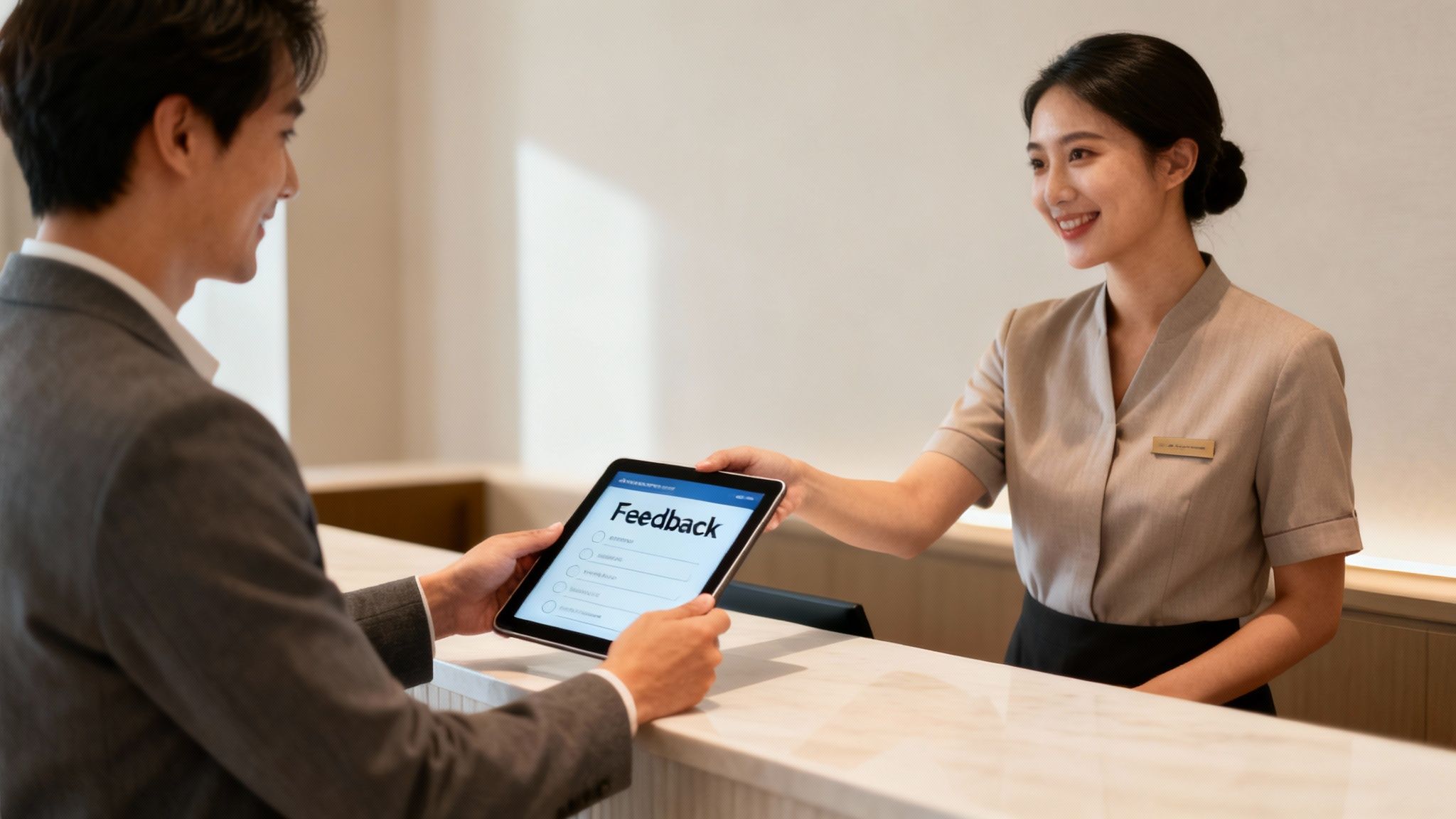 A hotel receptionist hands a tablet with a feedback form to a smiling customer at the reception desk.