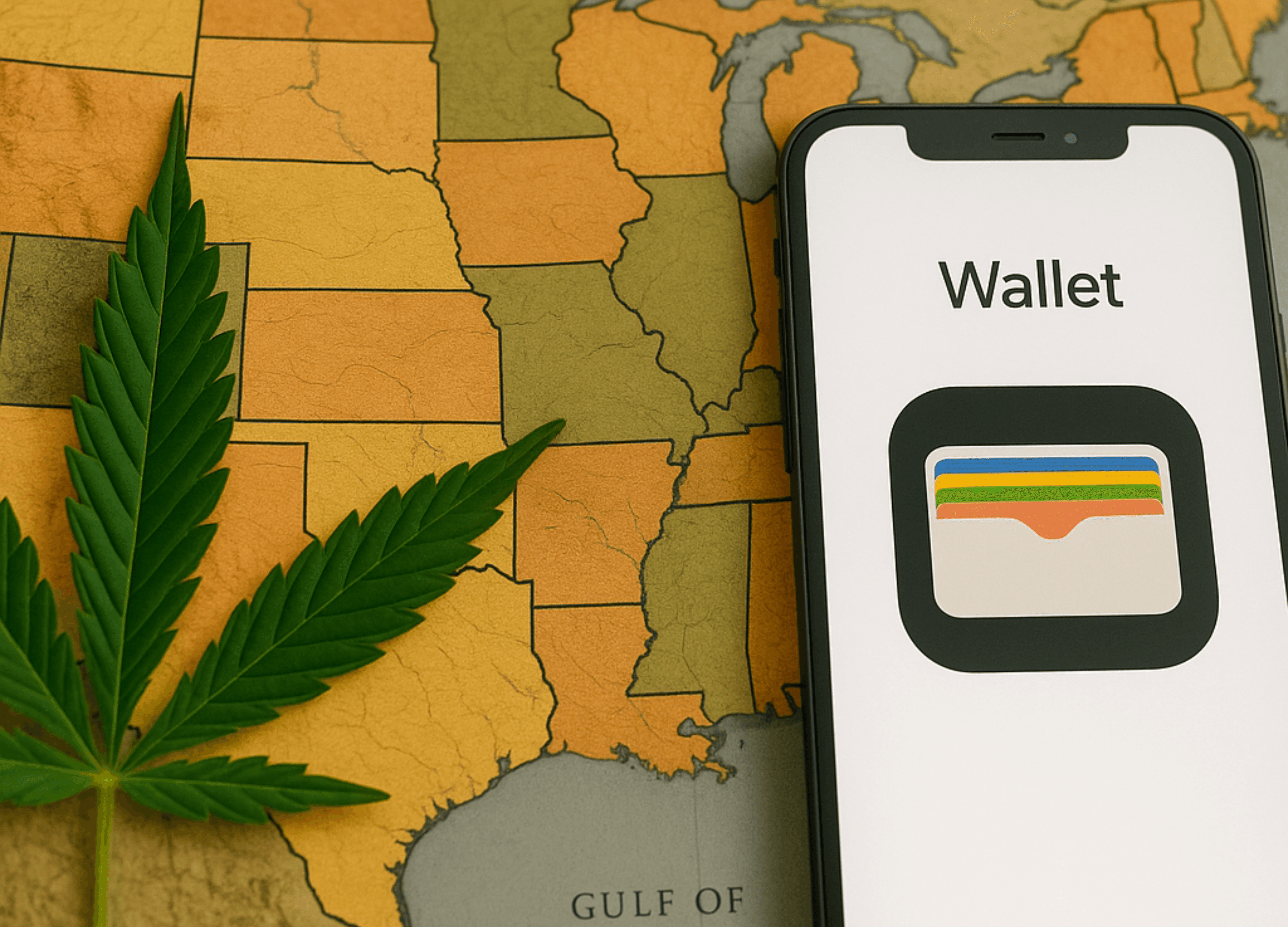 A composite image featuring a cannabis leaf, a map of the United States, and an iPhone displaying an Apple Wallet screen—symbolizing legal cannabis retail and digital loyalty marketing.