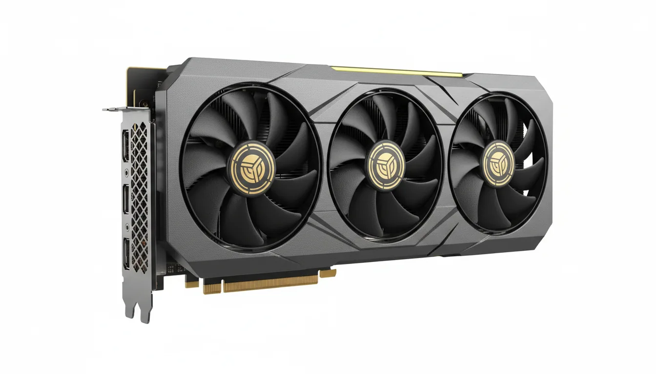 High-end gaming GPU, professional product shot against a clean white background, DSLR photography, soft studio lighting, sharp focus. The GPU features a triple-fan cooling system encased in a matte charcoal gray metal shroud with an industrial, angular design. The fans are black with curved blades and circular emblems with stylized geometric symbols. A brushed stainless steel IO bracket is visible on the left, and the black PCB with a gold PCIe connector is at the bottom. Detailed textures on metal and plastic, with a subtle yellow accent on the top edge.