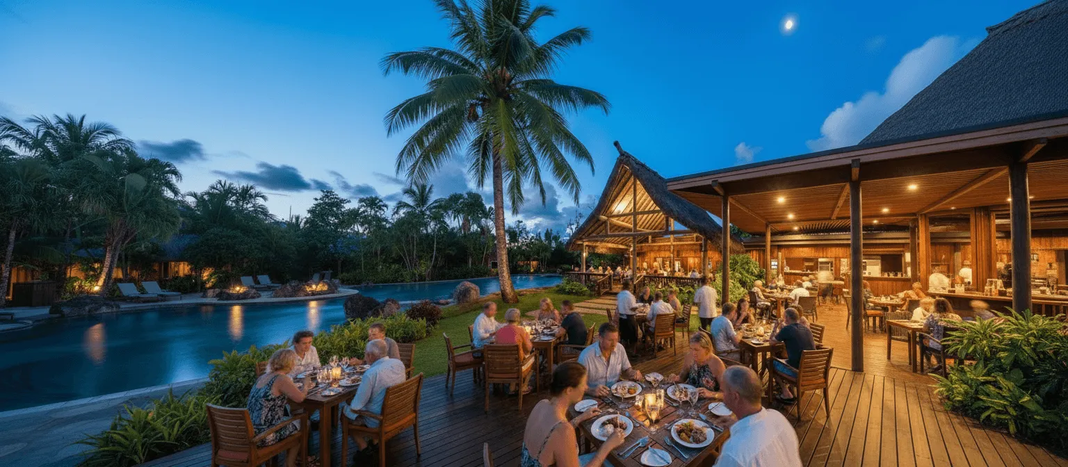 People dining al fresco at Uprising Beach Resort's restaurant by the illuminated pool and palm trees at dusk.
