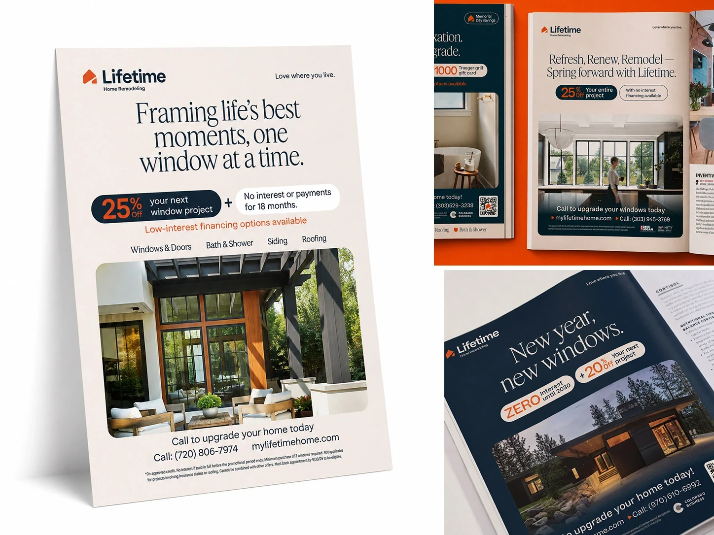 Three Lifetime print ads including "Framing life's best moments, one window at a time," shown as a standalone page and in magazine placements.