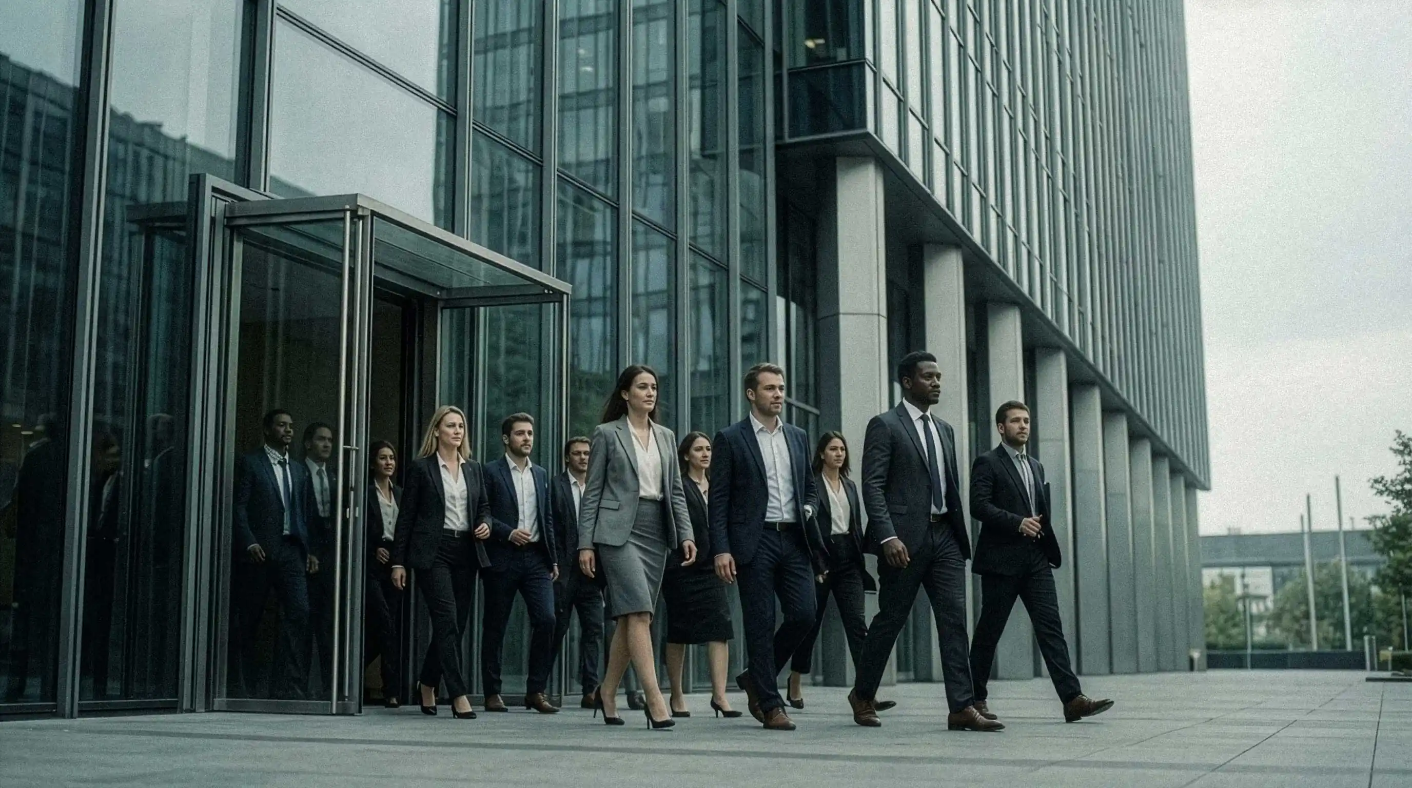 A group of consultants leaving a modern building.
