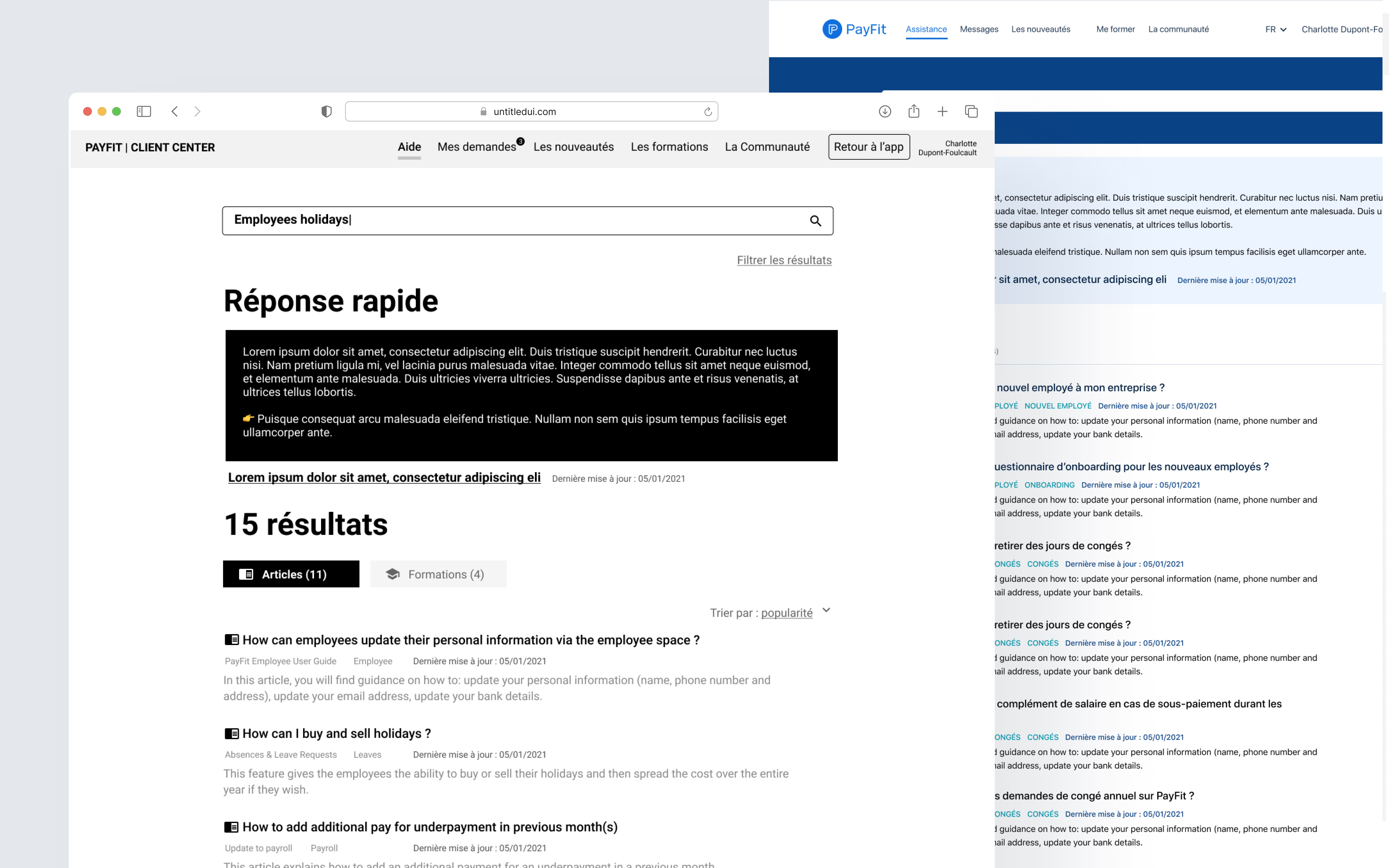Wireframes mid-fidelity du help center PayFit — homepage générique, homepage contextuelle par pays, et page article, réalisés pour tester les parcours utilisateurs internes et clients.