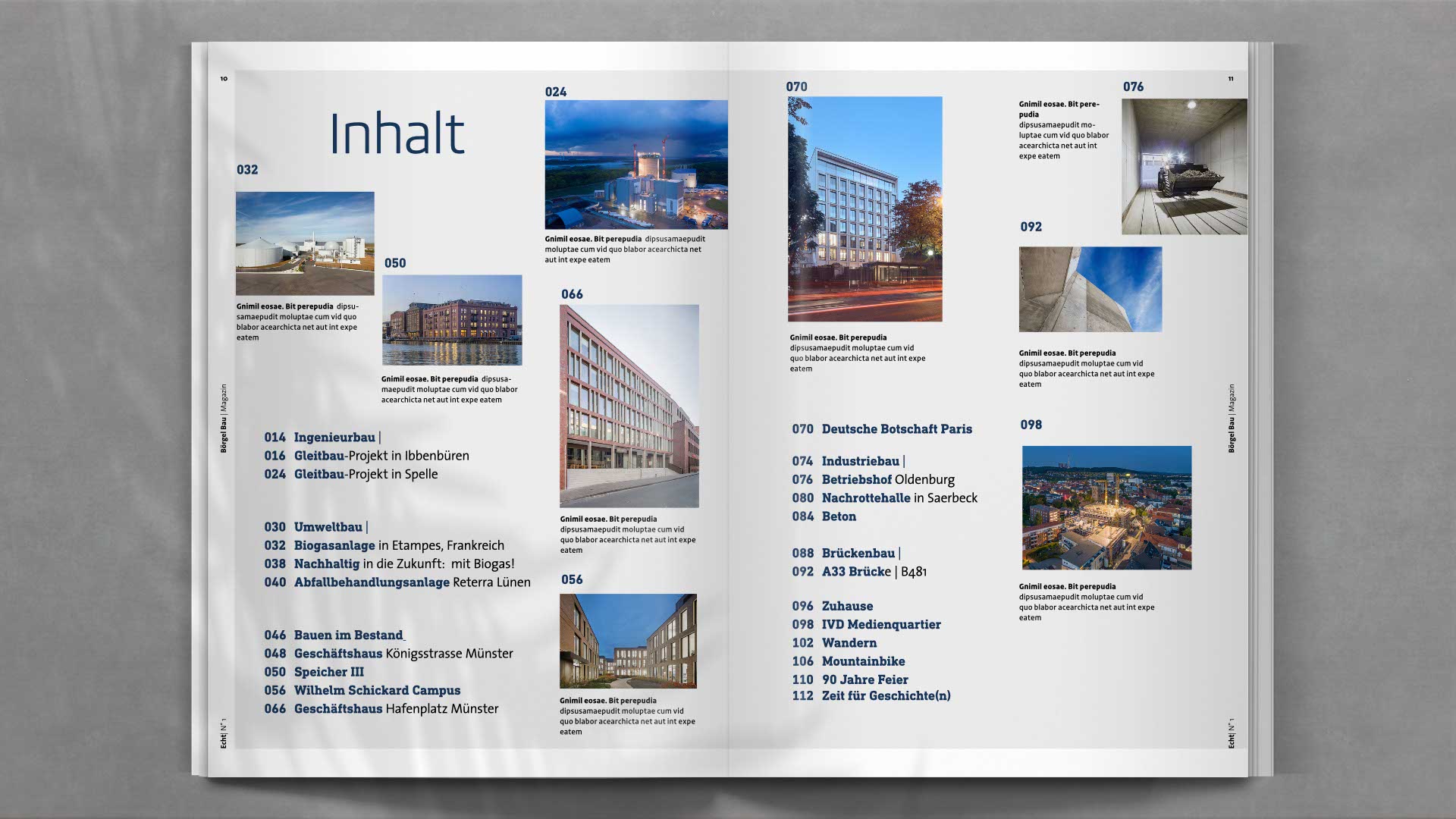Doppelseite mit Projektbericht aus dem Bereich Ingenieurbau – übersichtlich strukturiert, mit Bild-Text-Komposition und pointierter Farbführung.