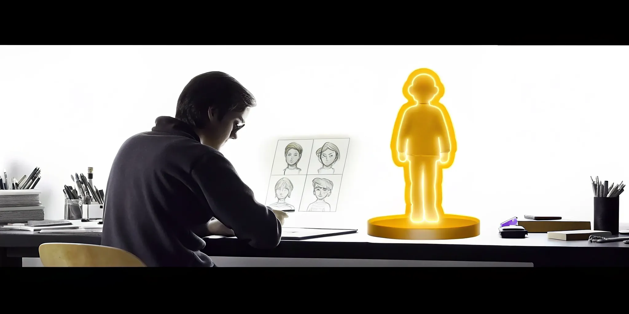 Game developer at a desk with a stylized 3D avatar hologram floating above the table