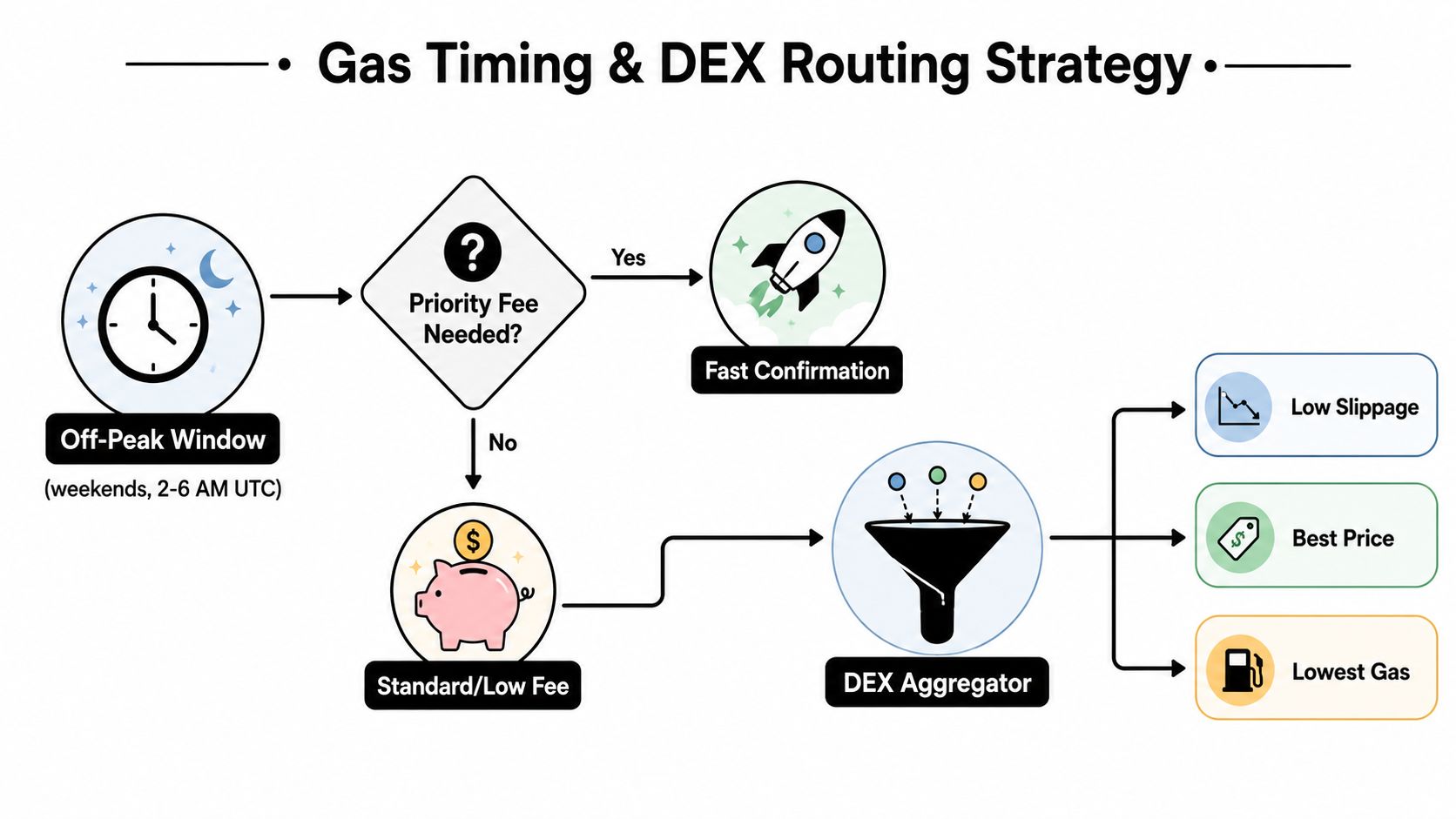 A flowchart explaining gas timing and DEX routing strategies to optimize crypto transaction costs and efficiency.