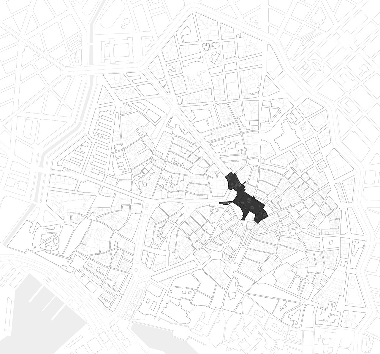 Urban masterplan drawing with highlighted site