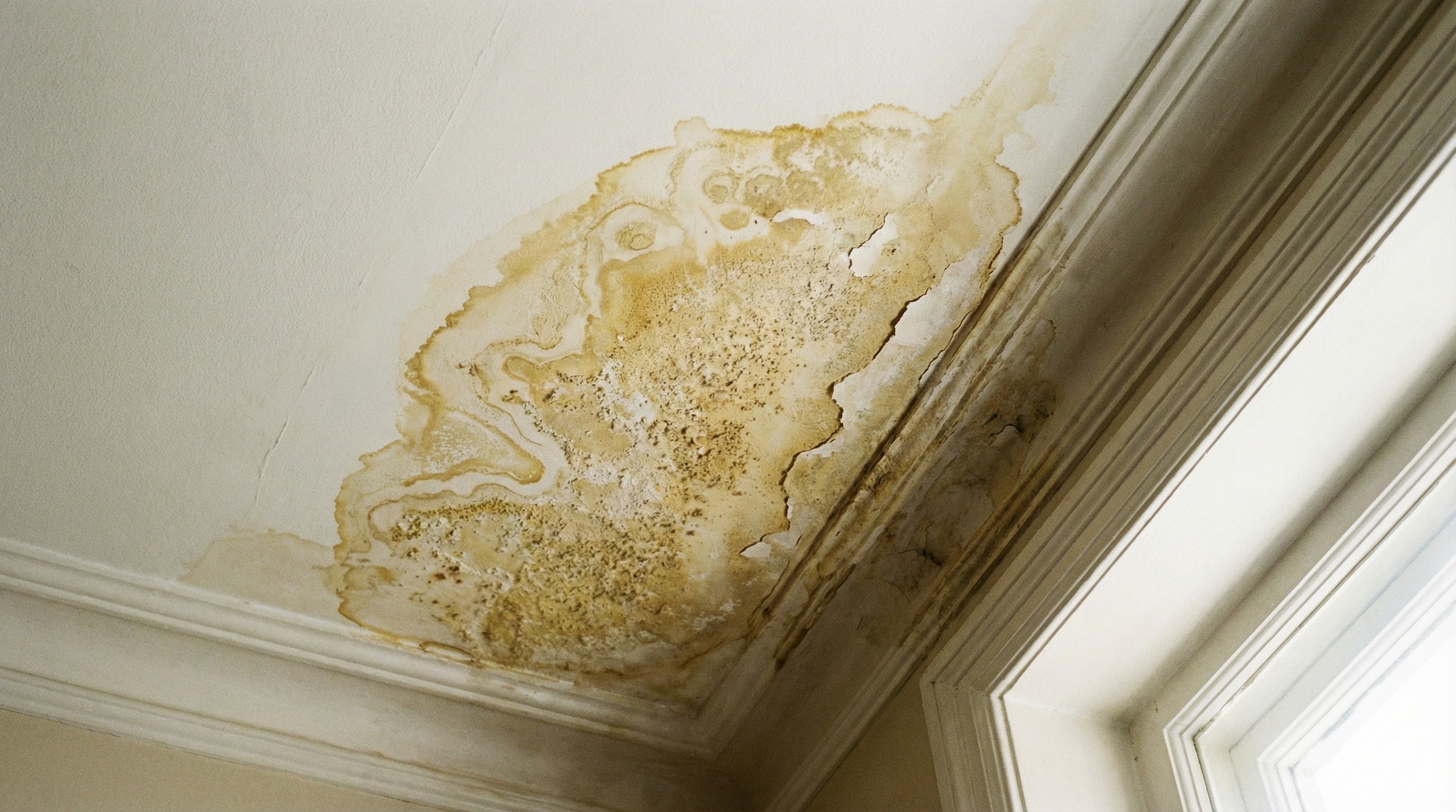 A person using a flashlight to find water stains in a dark attic during a roof leak inspection.