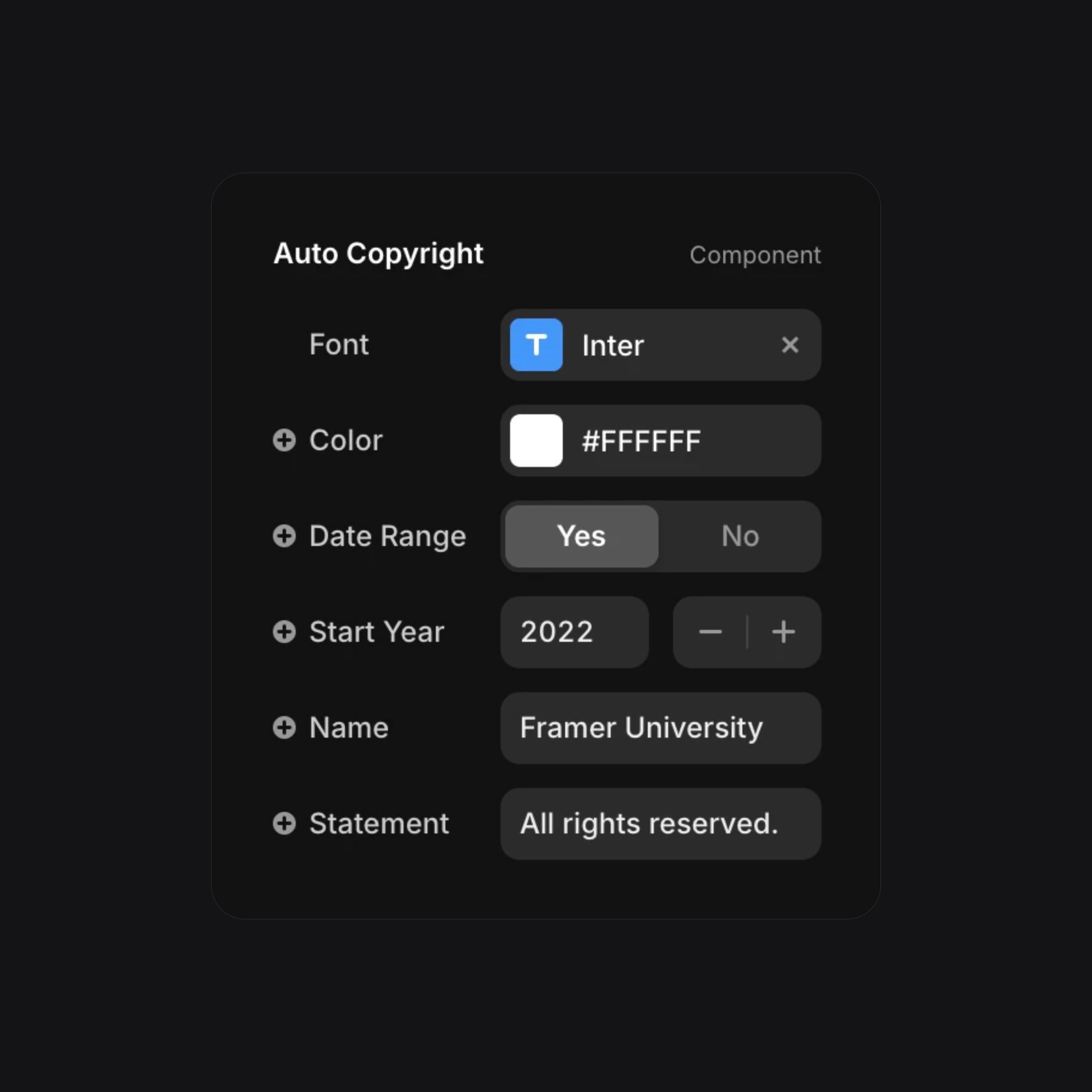 Auto Copyright component settings panel with customizable options for font, color, date range, start year, name, and statement