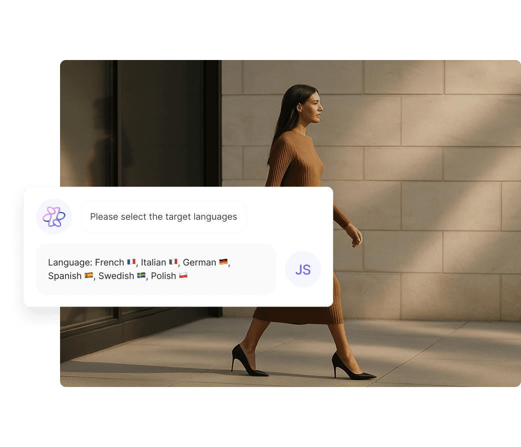 A woman in a brown, long-sleeve dress and black heels walks confidently beside a modern stone wall, with a digital interface displaying language selection options for translation superimposed in the foreground.
