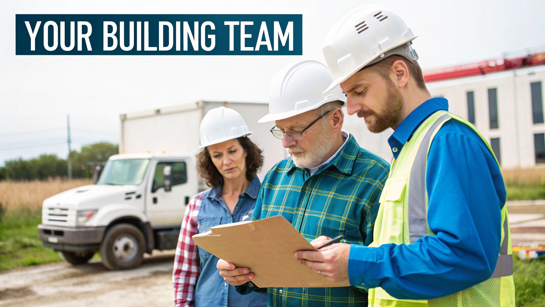 A diverse construction team, wearing hard hats, reviews building plans on a job site.