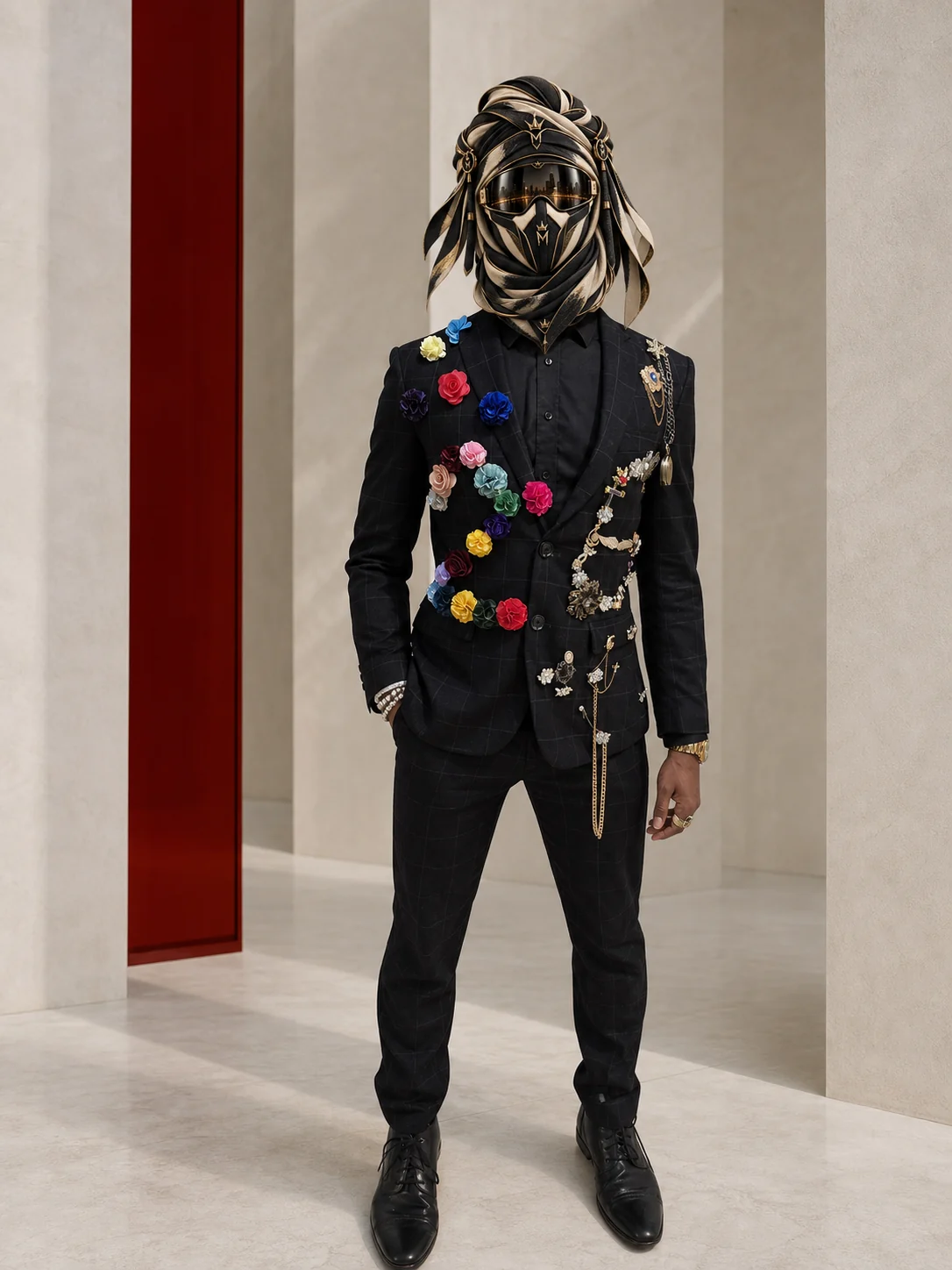 Full-length view of New Year's Garden, a black tailored suit decorated with multicolored flowers, chains and gold details, with the official Marzelest face covering.