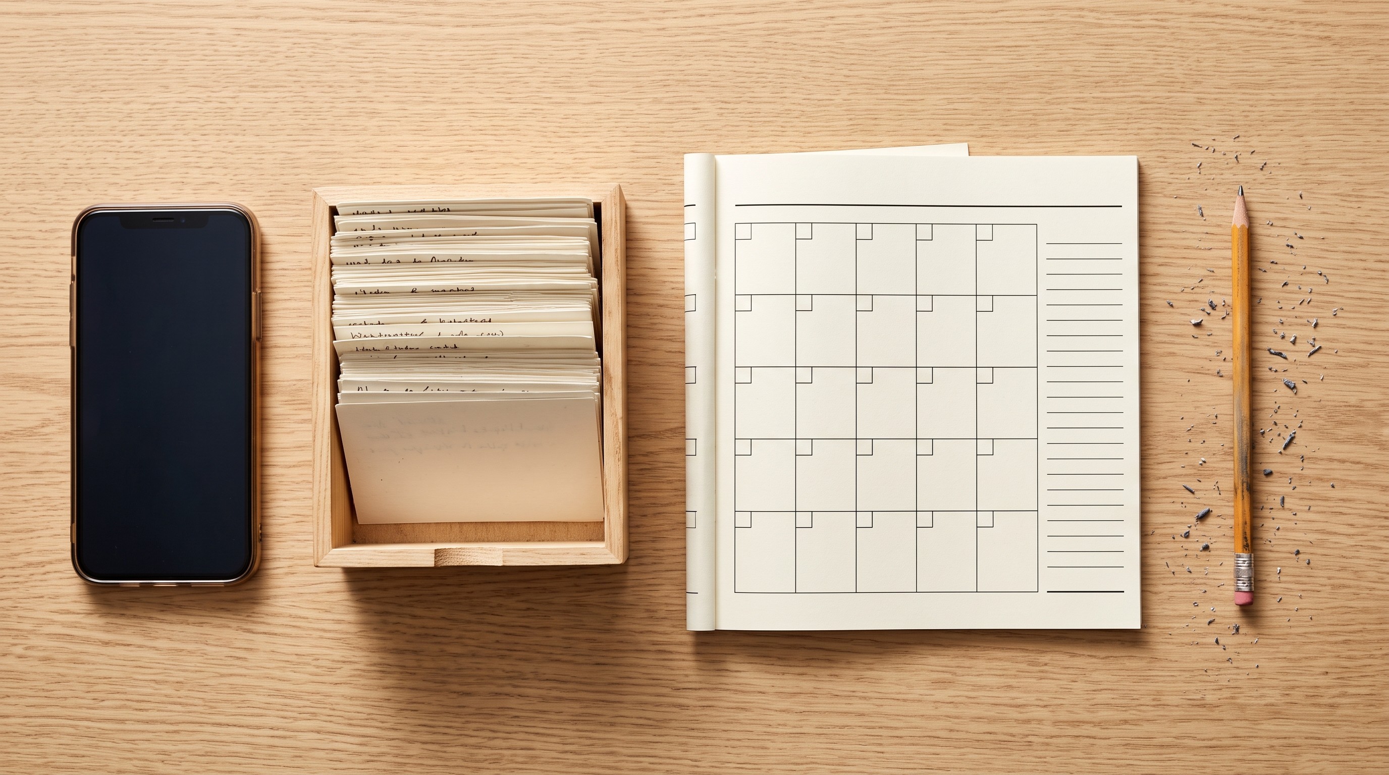Flashcard review setup on a desk